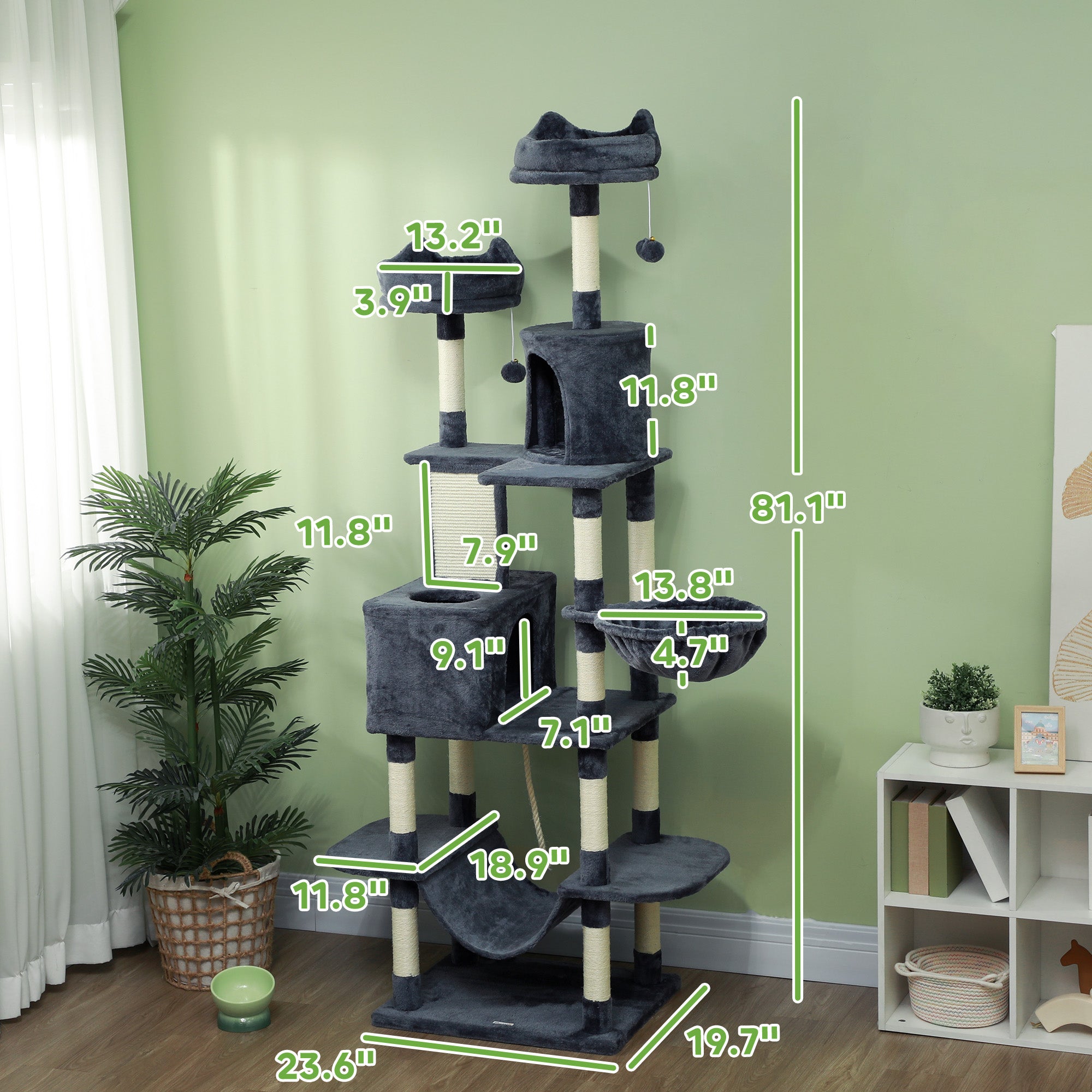 81" Cat Tree w/ Cat Scratching Posts, Scratching Board, Condos, Beds, Hammocks, Toy Balls, Rope Cat Toy, Gray - Dark Gray - Image 3