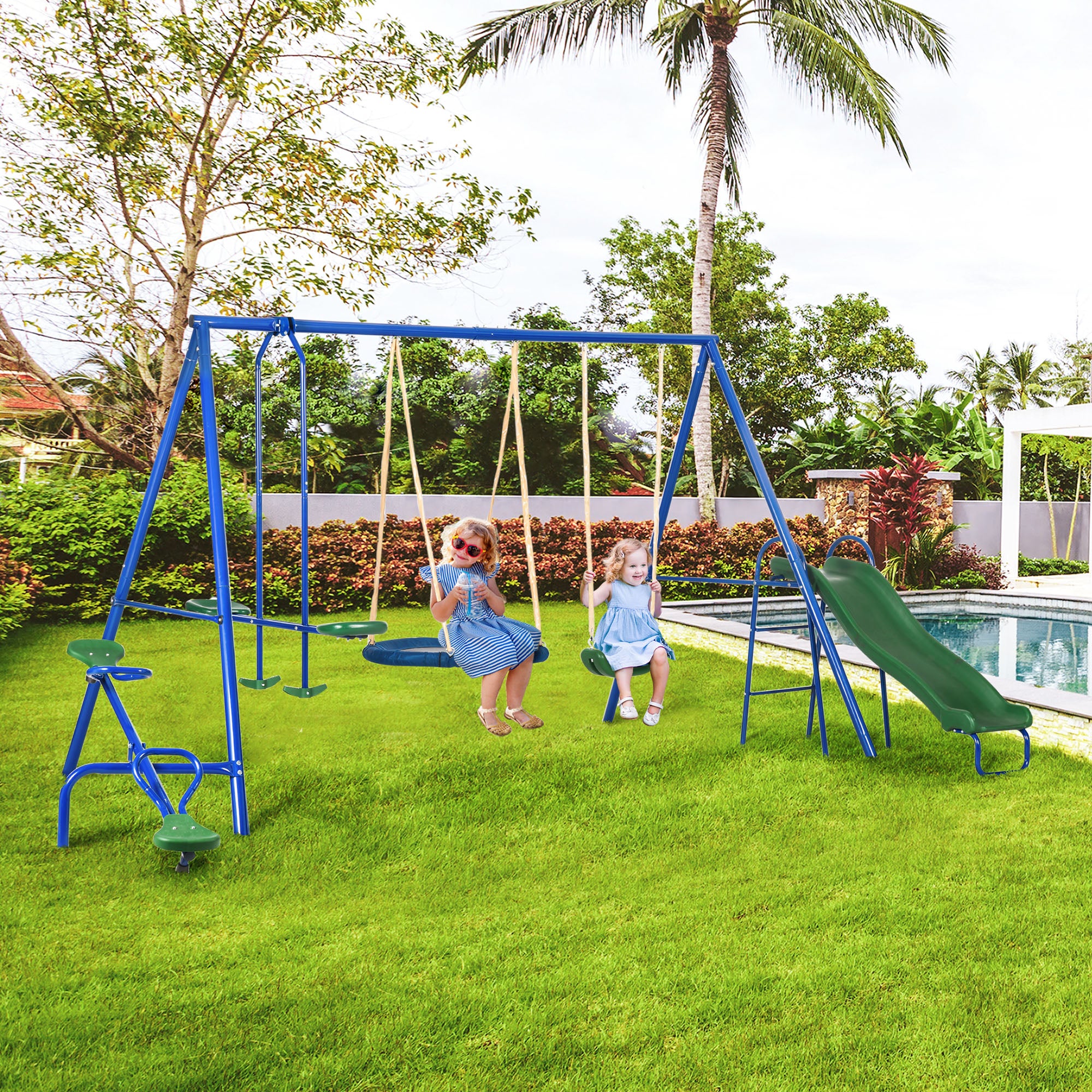 Swing Set for Backyard, 5 in 1 Outdoor Playset for Kids with Heavy-Duty A-Frame Stand, 29.5" Saucer Swing, Slide, Teeter-Totter, Glider, 693 Lbs Load, Blue
