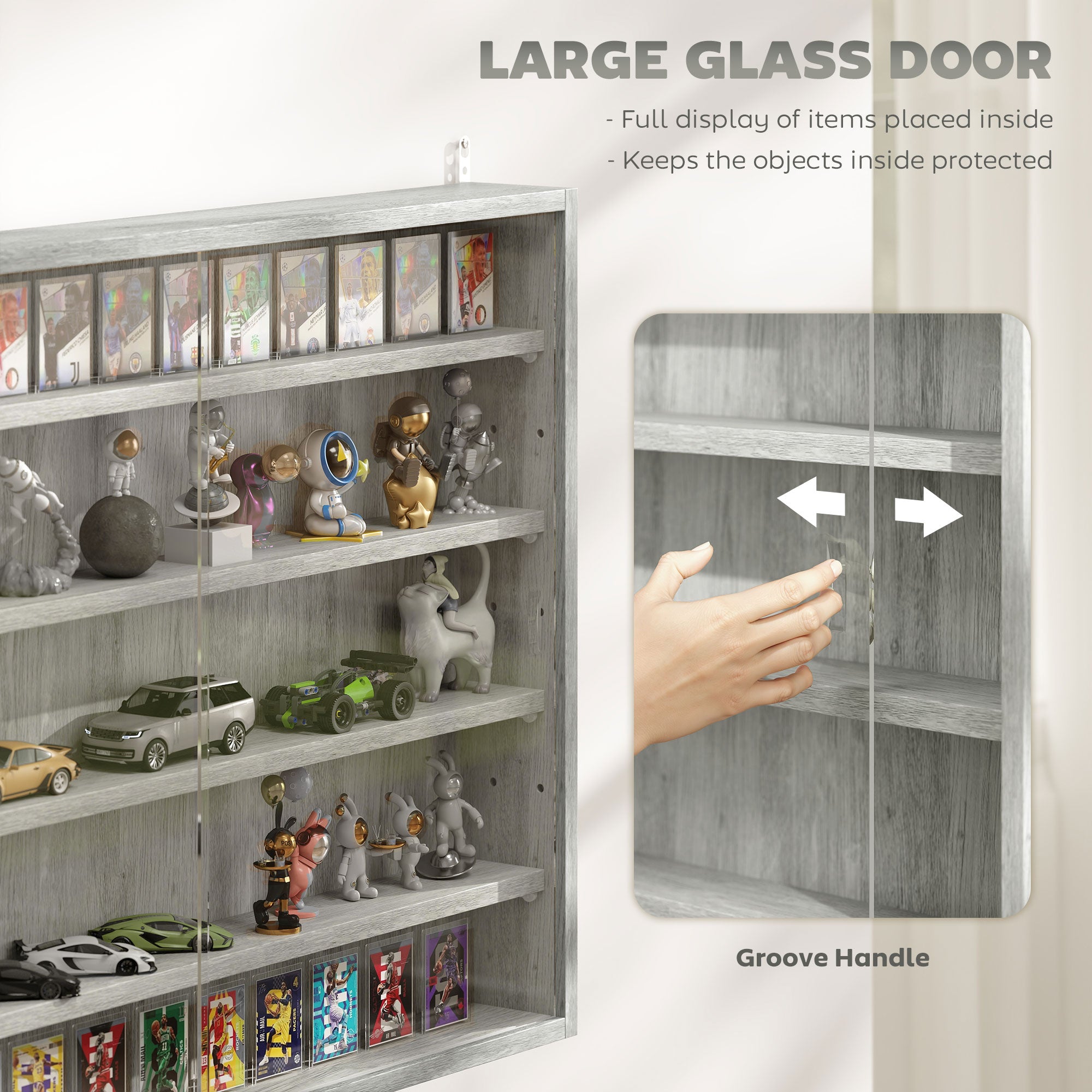 5-Tier Display Cabinet, Wall-Mounted Display Case with 2 Glass Doors and Adjustable Shelves, Gray