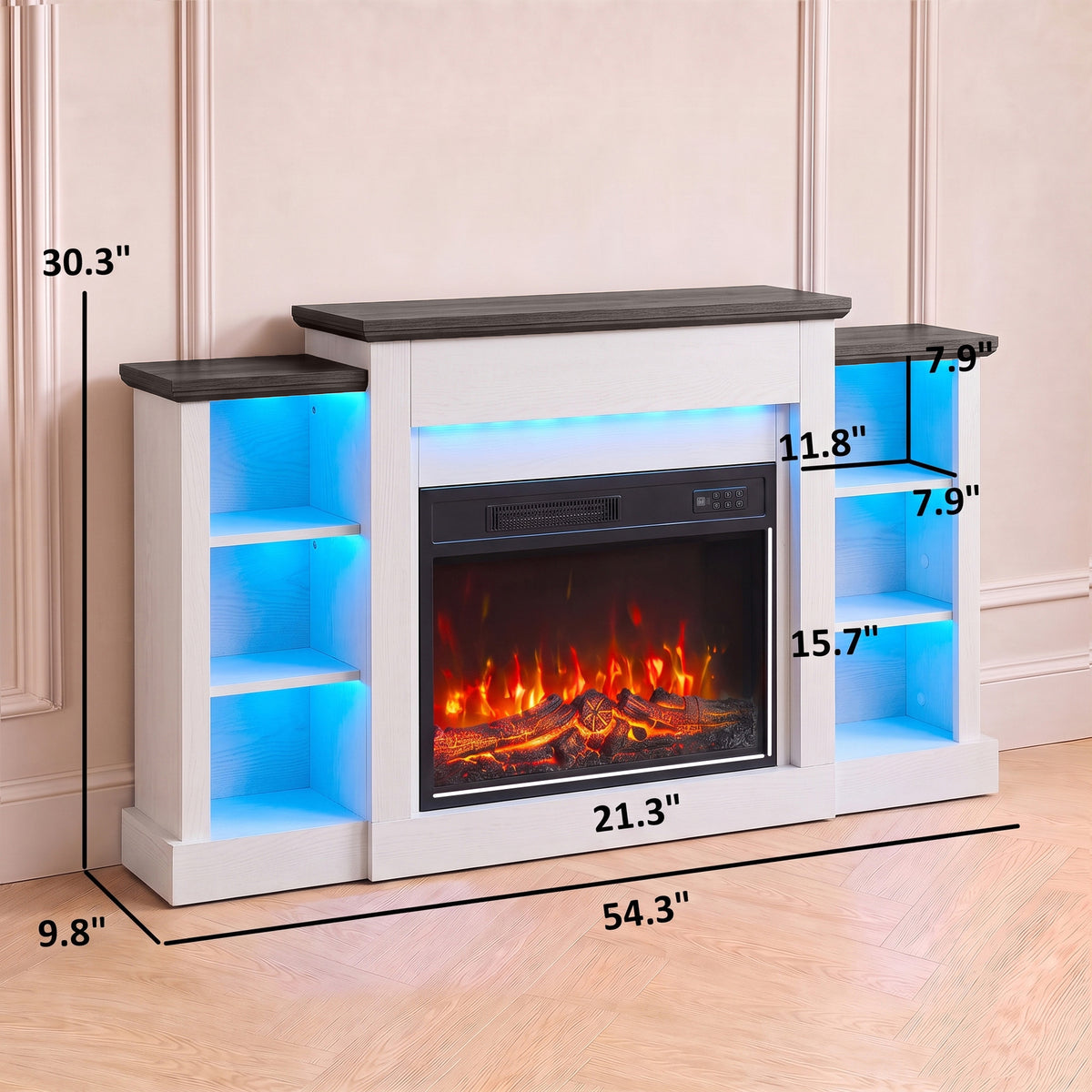 55" Fireplace TV Stand for TVs up to 65", Entertainment Center TV Console, RGB LED Strips, 6 Shelves, White Wood Grain
