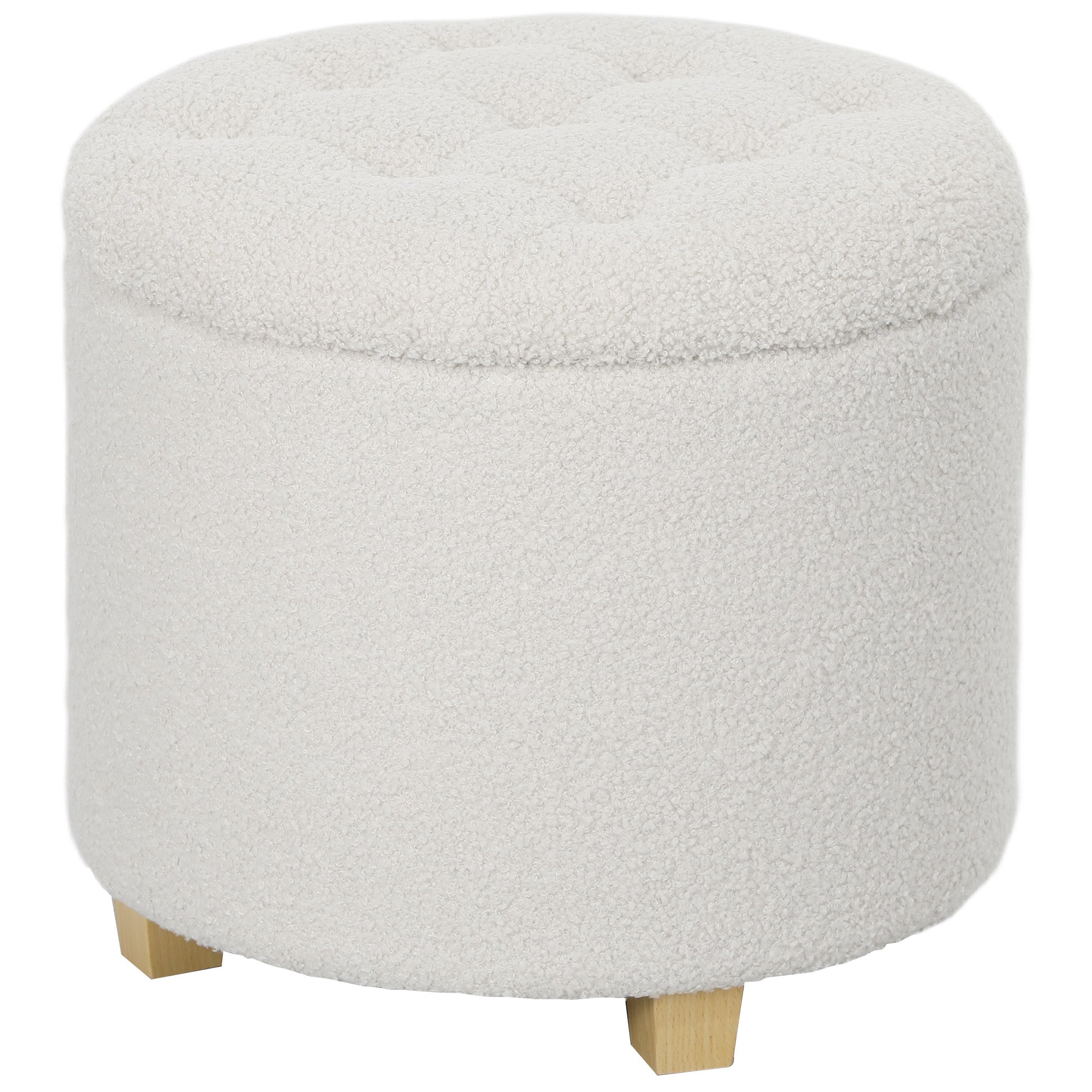 18" Round Ottoman with Storage, Teddy Fleece Button Tufted Foot Stool with Lid, Wood Legs for Living Room Hallway, White