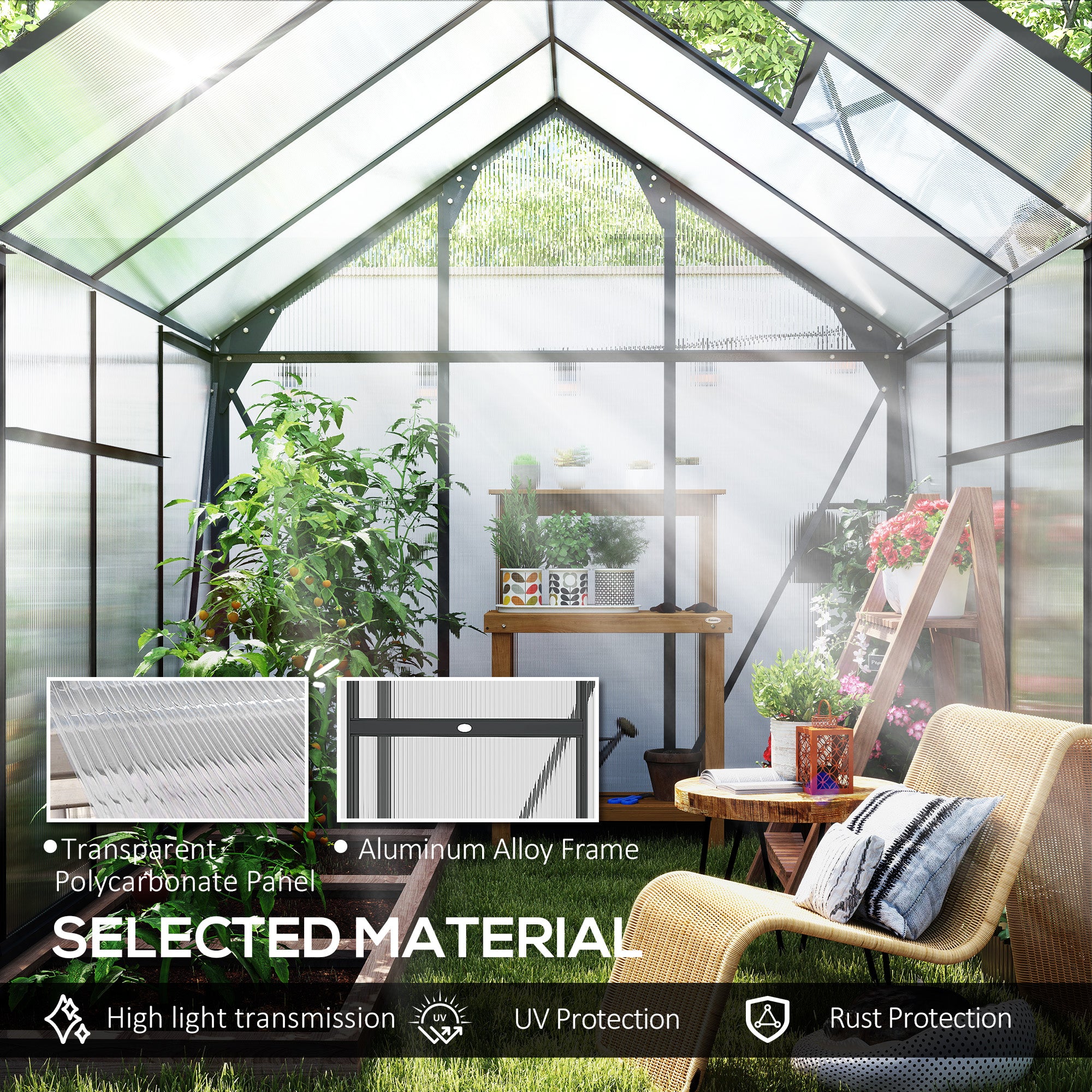 Polycarbonate Greenhouse, Heavy Duty Outdoor Aluminum Walk-in Green House Kit Vent Door, 6.2'x8.3'x6.6' Gray - Gray - Image 5