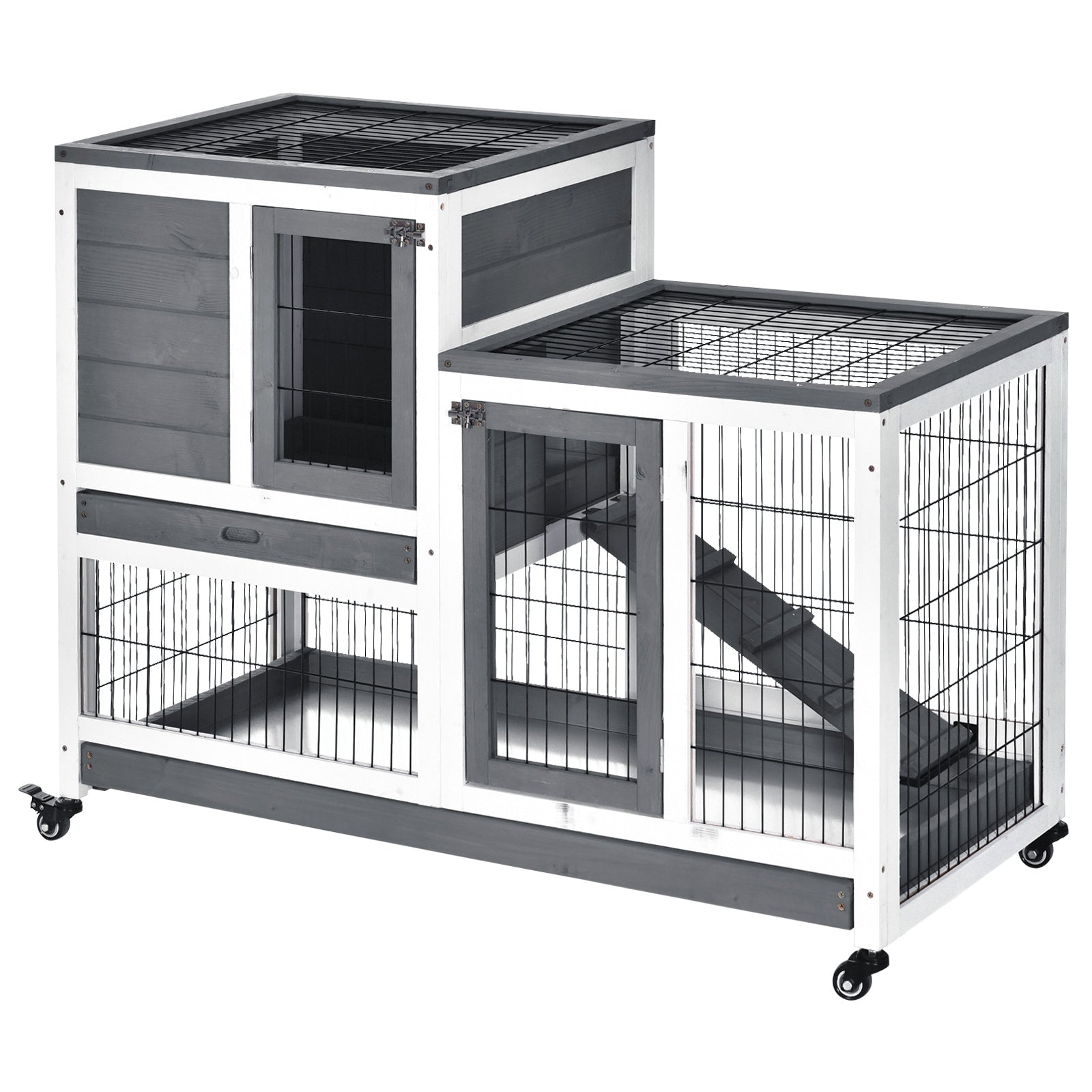 Wooden Rabbit Hutch Elevated Bunny Cage Indoor Small Animal Habitat with Enclosed Run with Wheels, Ramp, Removable Tray for Rabbits, Chickens, Ducks, Guinea Pigs, Gray - Gray, White
