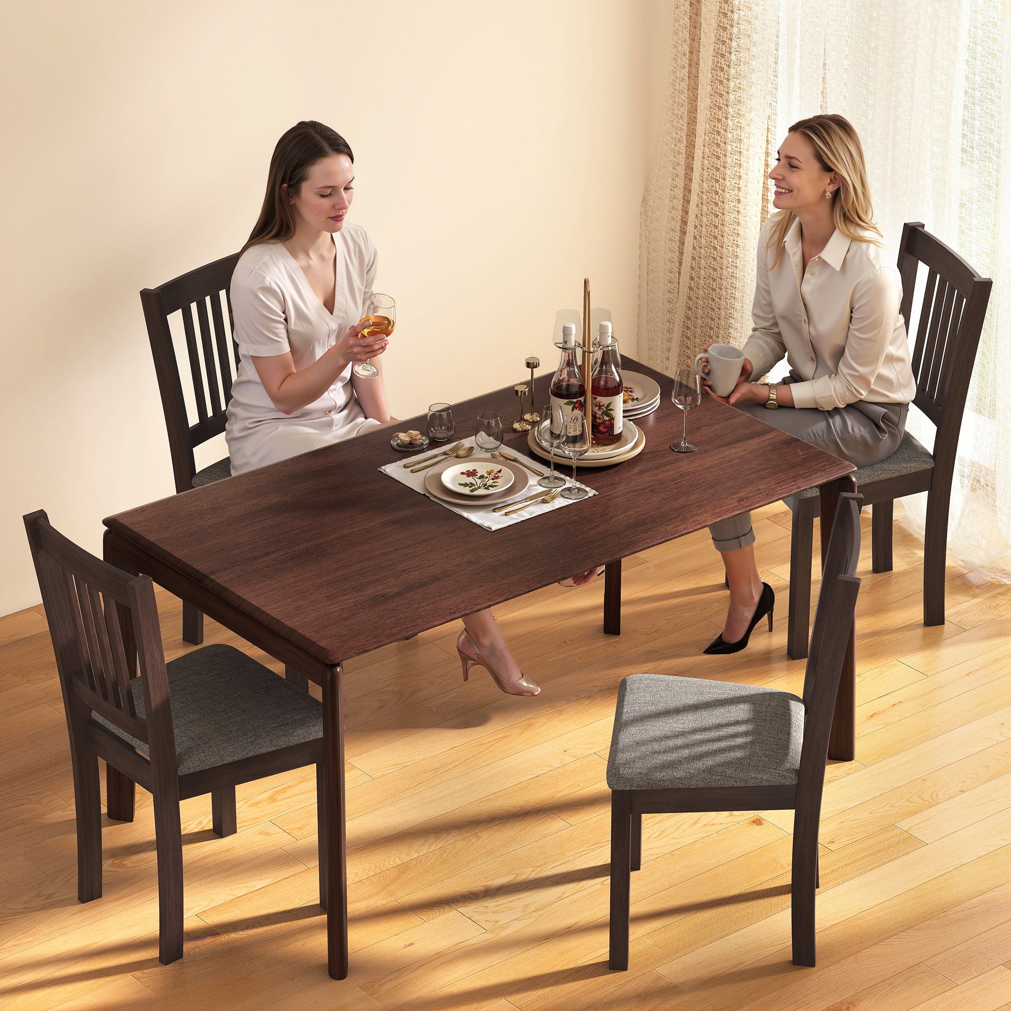 Dining Chairs Set of 2 Linen Upholstered Kitchen Chairs with Rubberwood Legs for Dining Room Living Room Espresso Gray