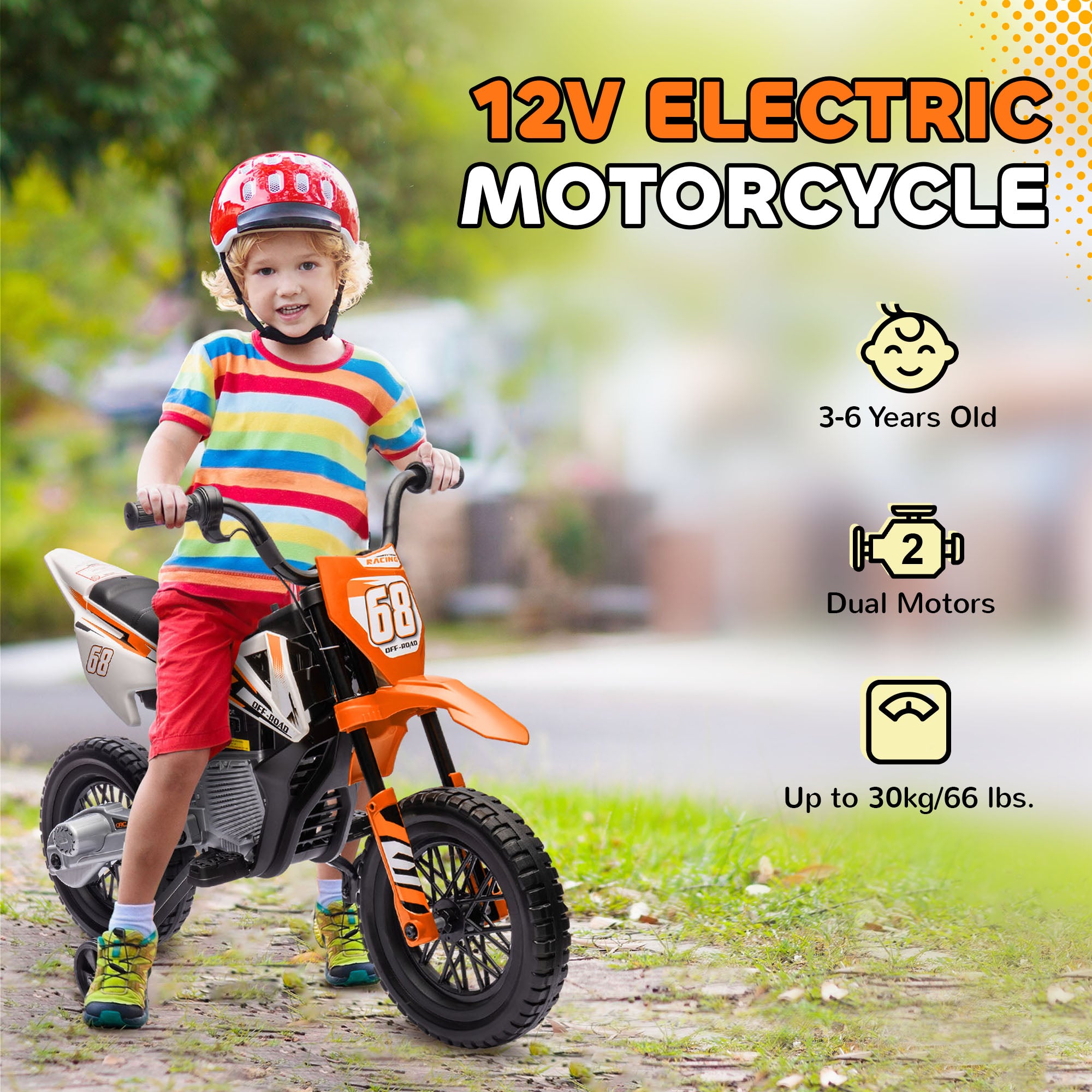12V Kids Electric Motorcycle w/ Twist Grip Throttle, Training Wheels, Rear Suspension & Music, Orange