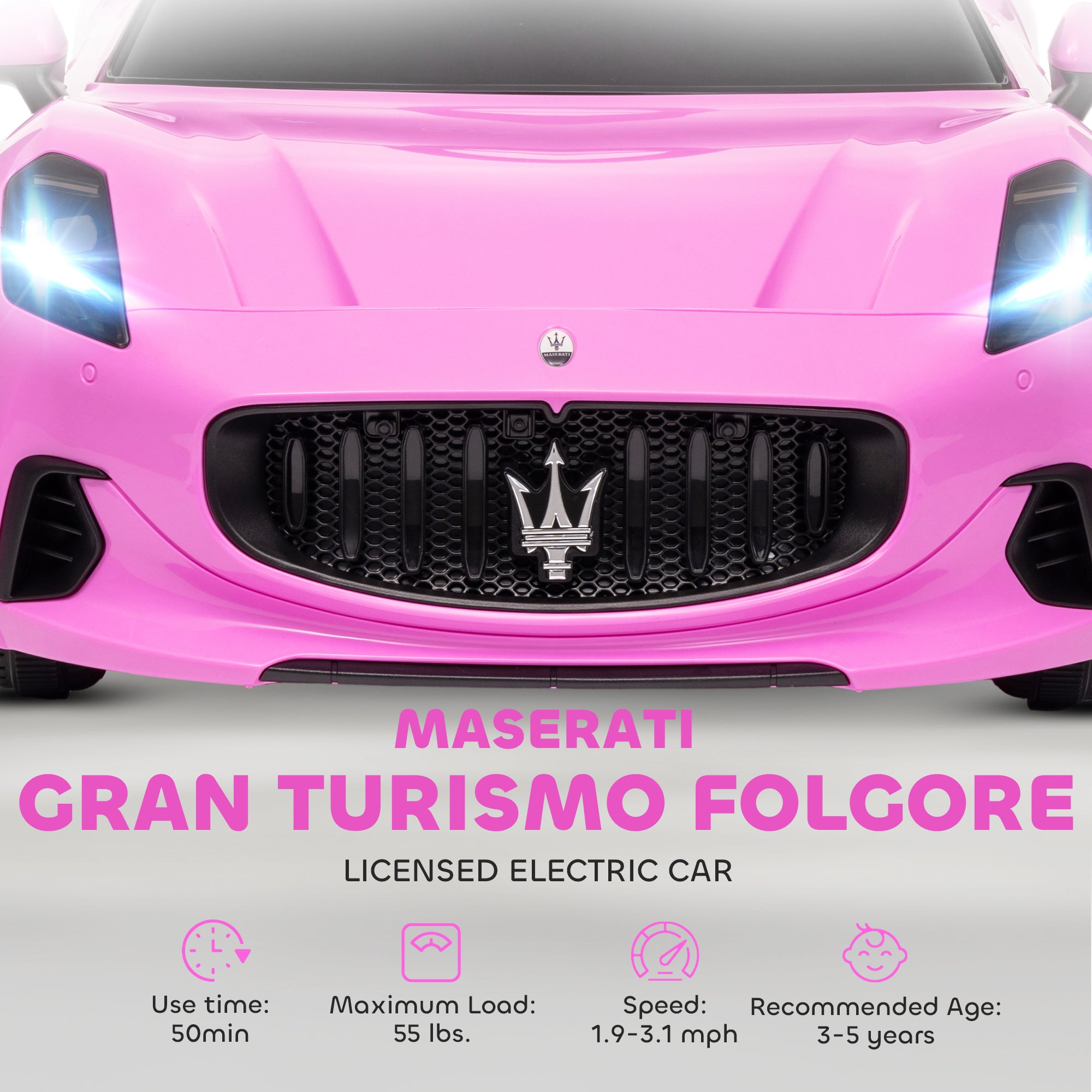 Maserati Gran Turismo Licensed 12V Kids Electric Car w/ Remote Control, Soft Start, LED Lights, Music, Horn, Pink