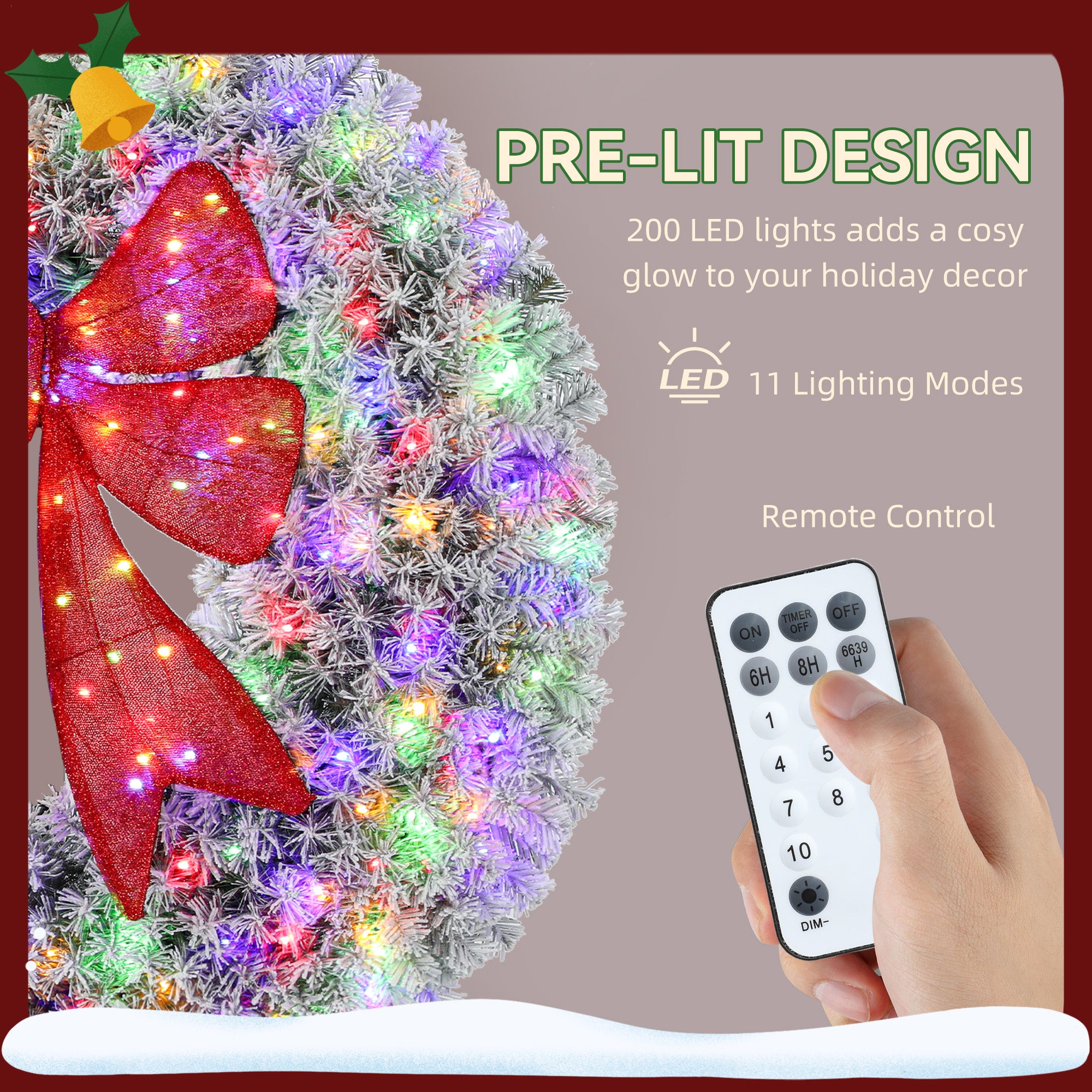 48in Flocked Pre-Lit Christmas Wreath with 3D Red Bow, 11 Lighting Modes, Front Door Christmas Wreath with Remote