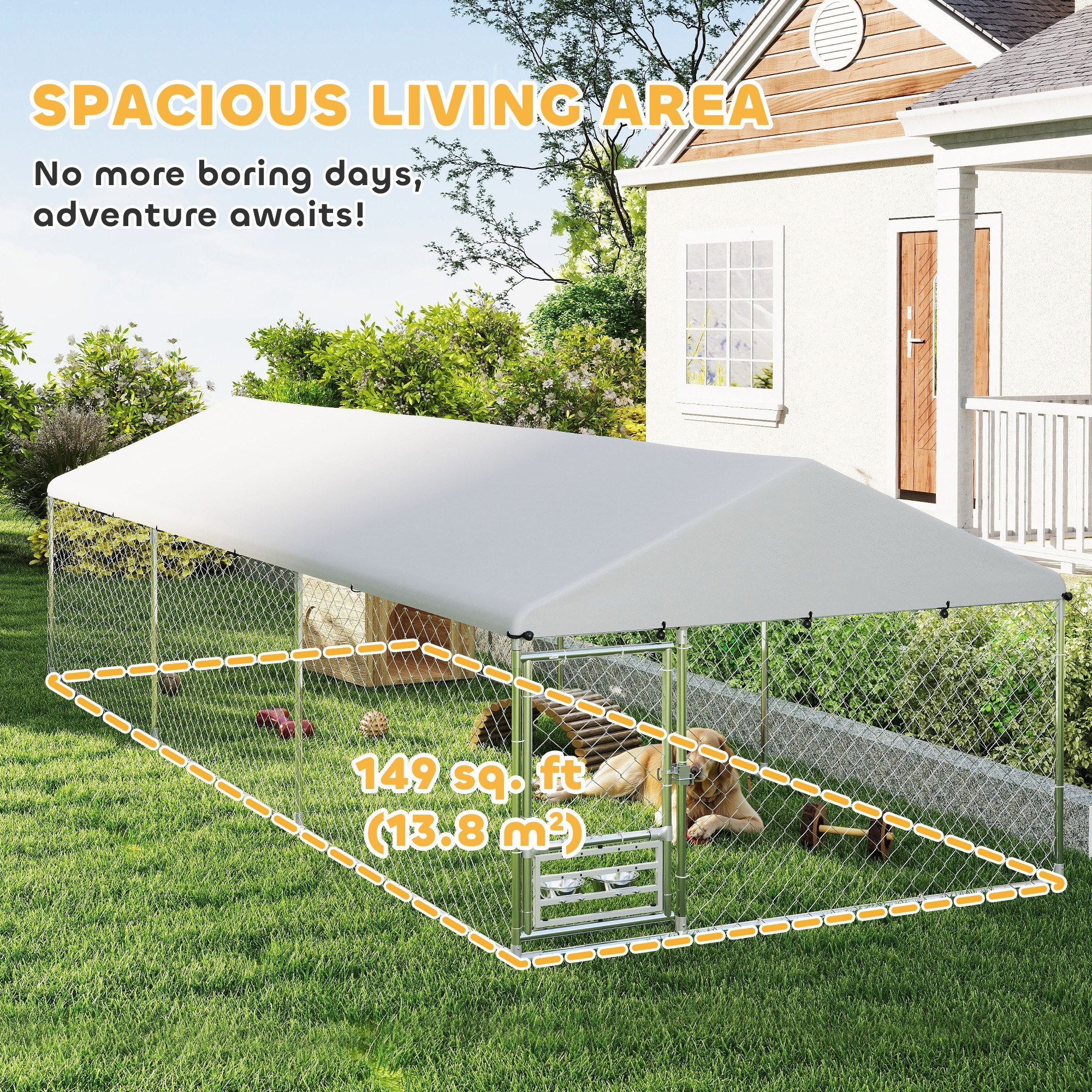 Outdoor Dog Kennel with Adjustable & Rotatable Bowl Rack, Waterproof Cover, Secure Lock, 19.7' x 7.5' x 5.2' - Silver - Image 4