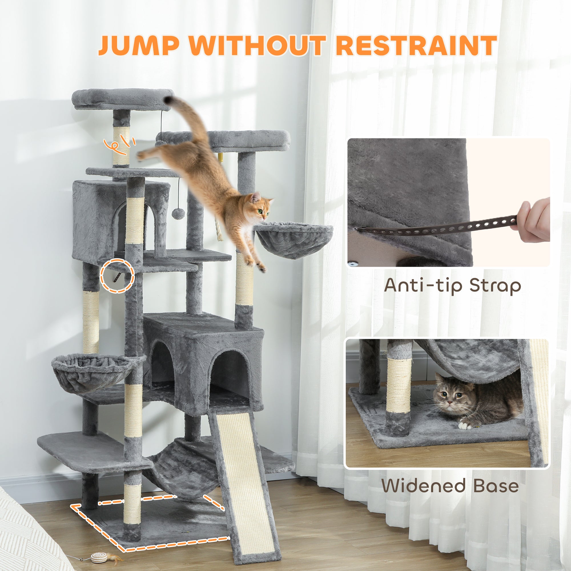 69" Cat Tree, Multi-Level Cat Tower with 2 Condos and 3 Hammocks, 8 Scratching Posts, for Multiple Cats, Dark Gray - Dark Gray - Image 8