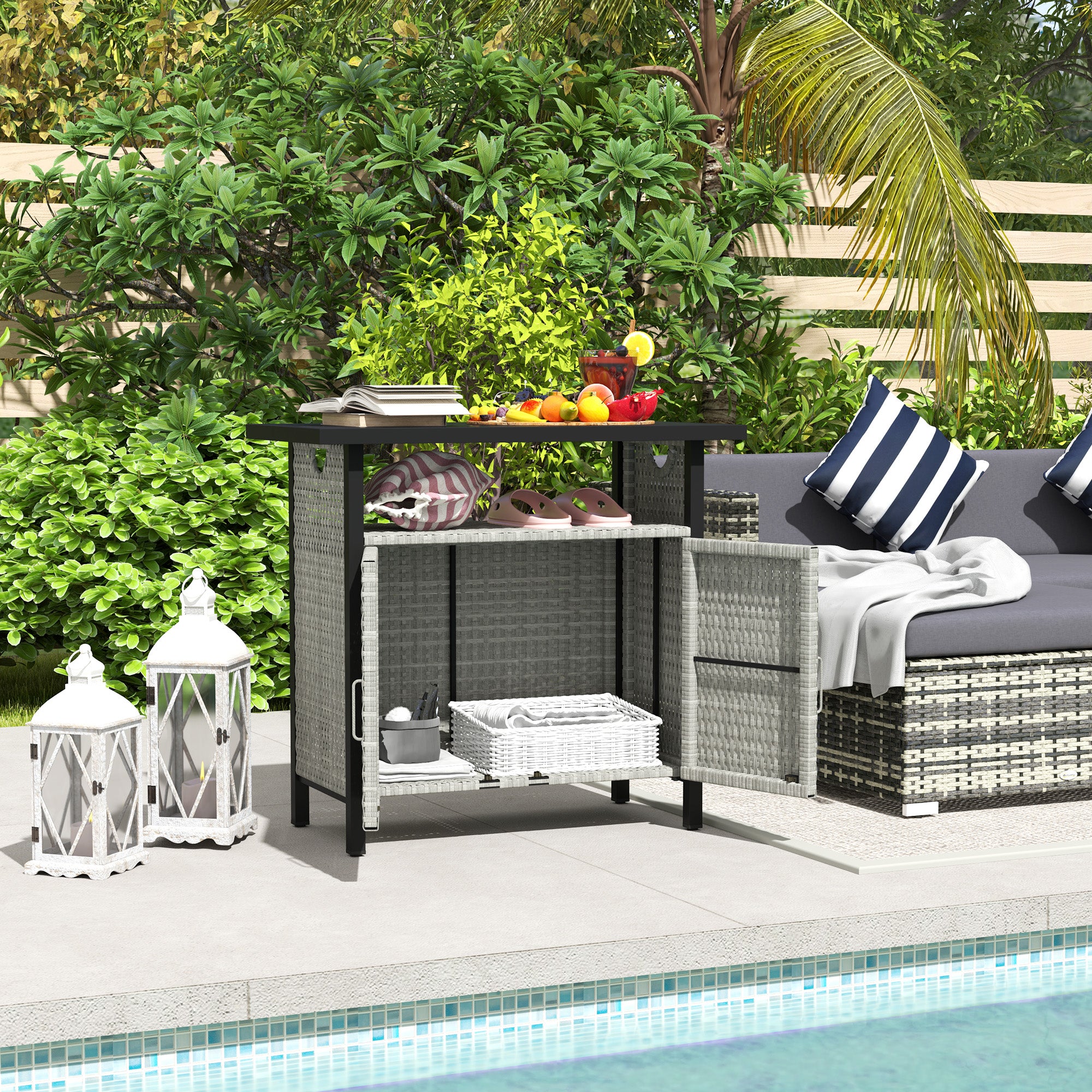 Outdoor Pool Towel Storage Cabinet Organizer, Outdoor Bar Table with Shelf and Cabinet, Pool Towel Holder Pool Valet with Weather-Resistant PE Rattan and Steel Frame, Gray - Gray - Image 2