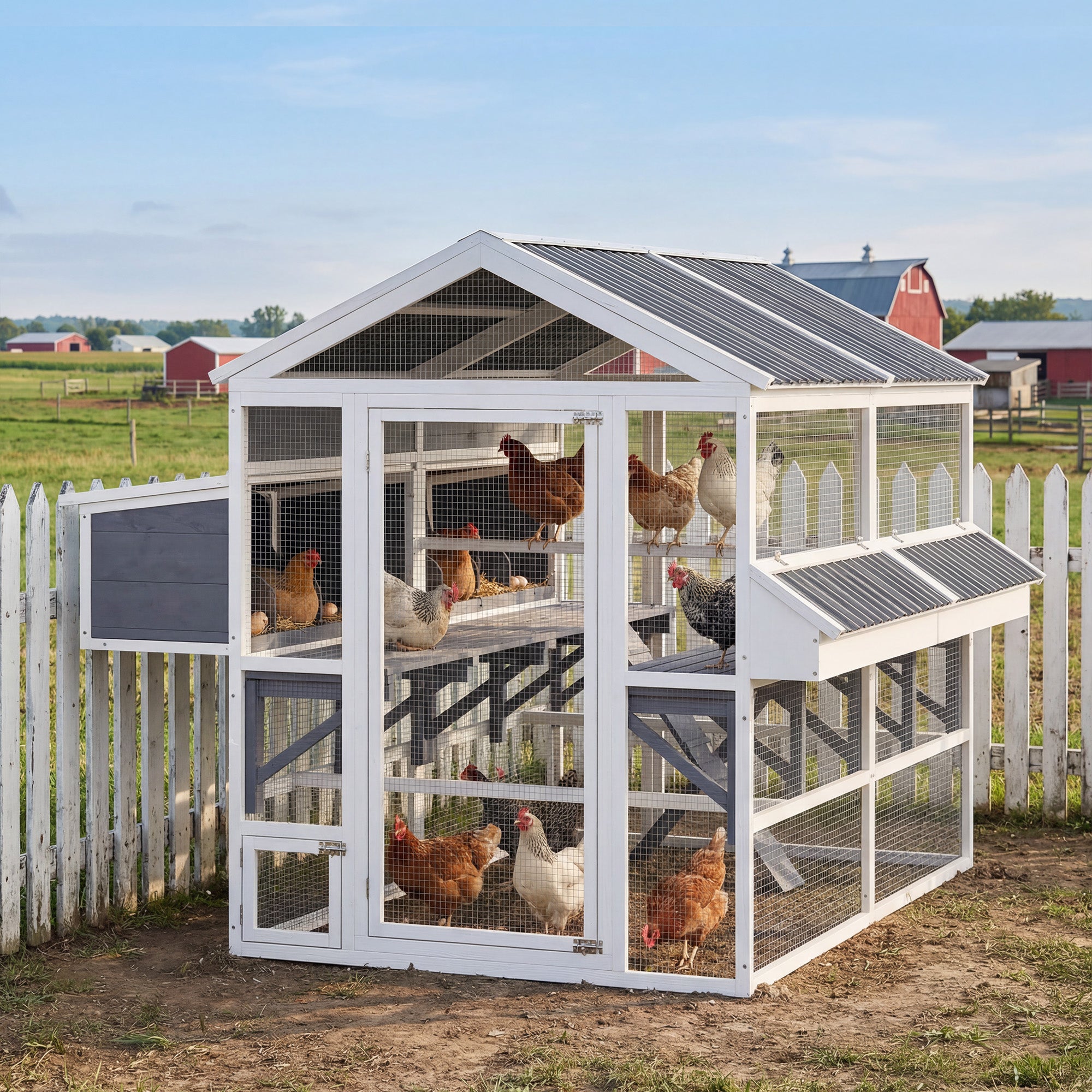 Wooden Chicken Coop, Outdoor Hen House with 2 Feeders, 2 Nesting Boxes, 2 Roosting Bars, Ramps, Waterproof Roof - Gray - Image 2