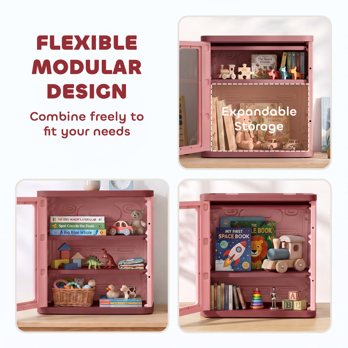 Toy Storage Organizer, 3 Tier Adjustable Toy Storage Cabinet Dustproof HDPE Plastic, Transparent Door, Pink