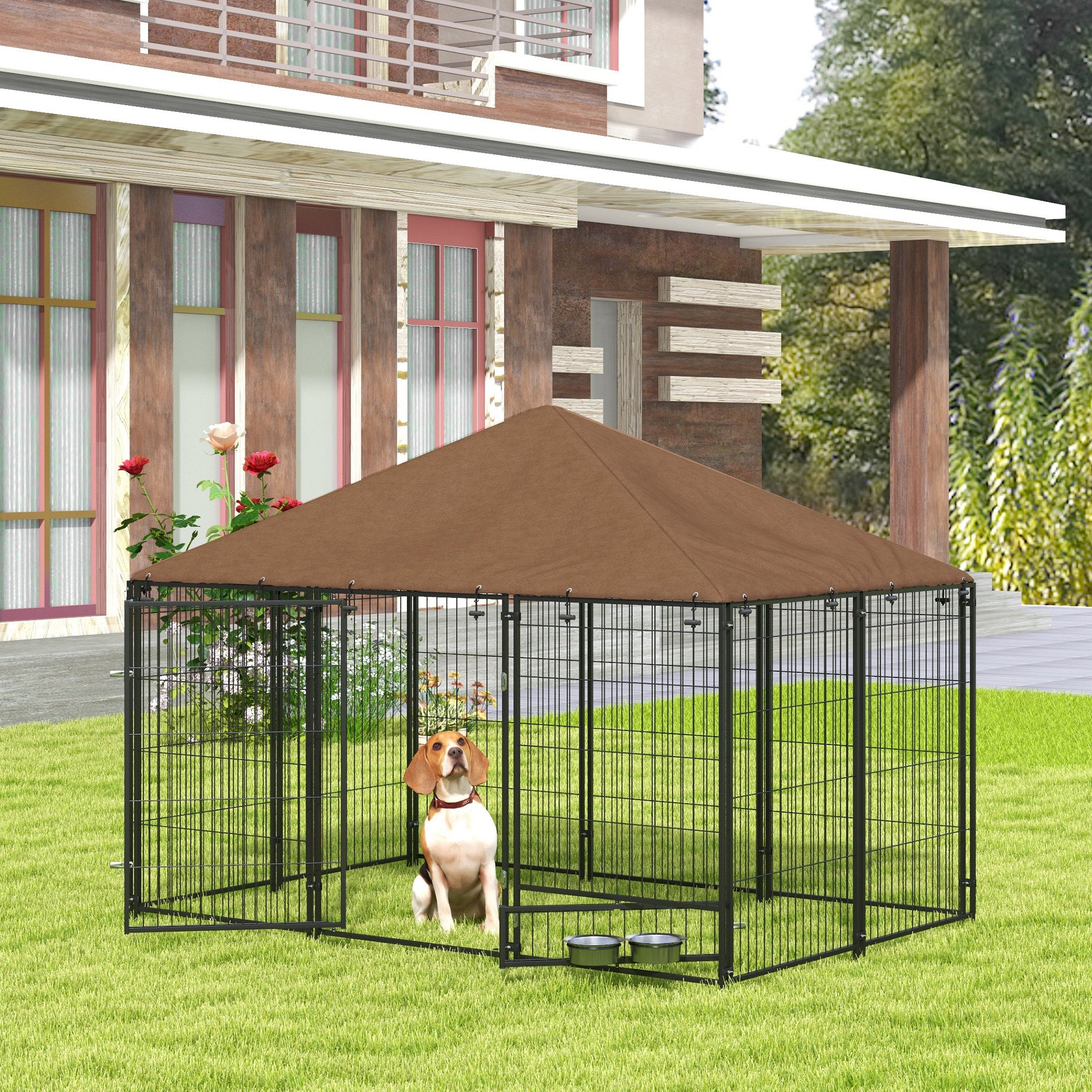 Outside Dog Kennel, 6.9' x 4.6' x 5' Puppy Play Pen with Canopy, Garden Playpen Fence Crate with Rotating Bowl, Black - Black - Image 2