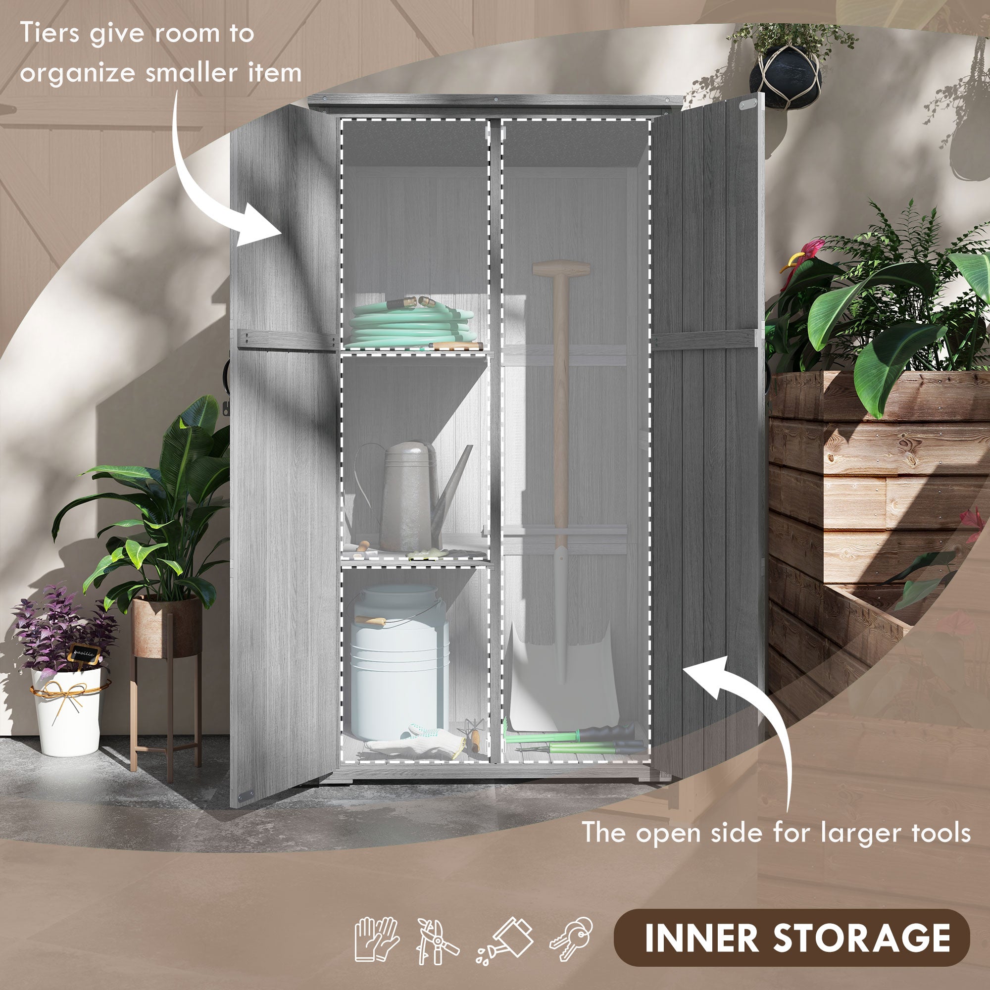 Wooden Outdoor Storage Cabinet Garden Shed with Waterproof Asphalt Roof and Lockable Doors, Gray - Gray - Image 4