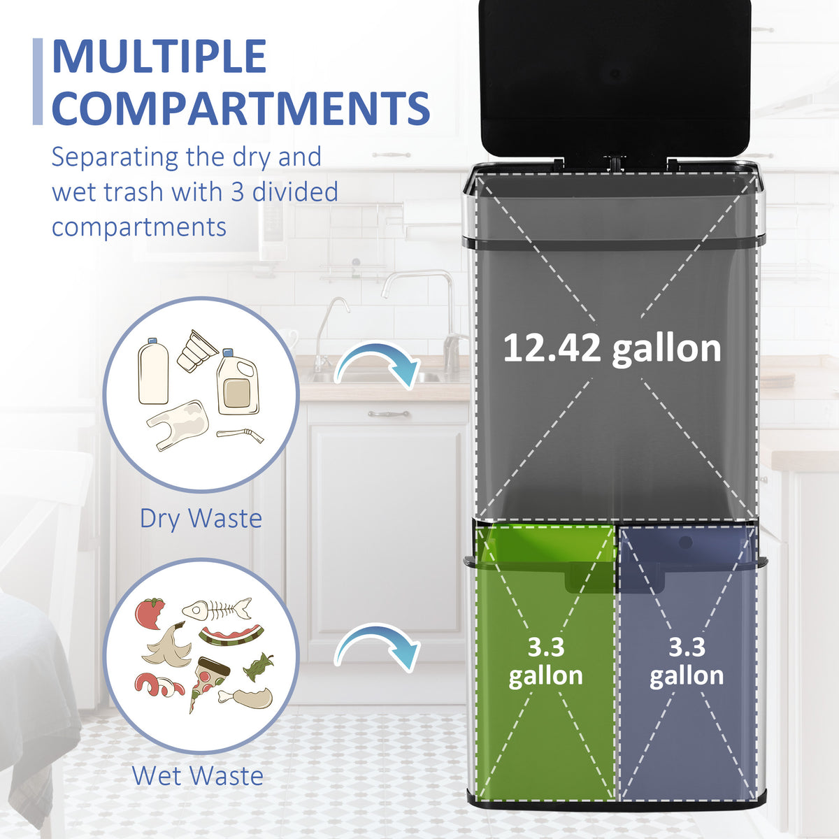 Kitchen Bin 3 Compartments Motion Sensor Trash Can Infrared Lid Stainless Steel 19 Gal Silver