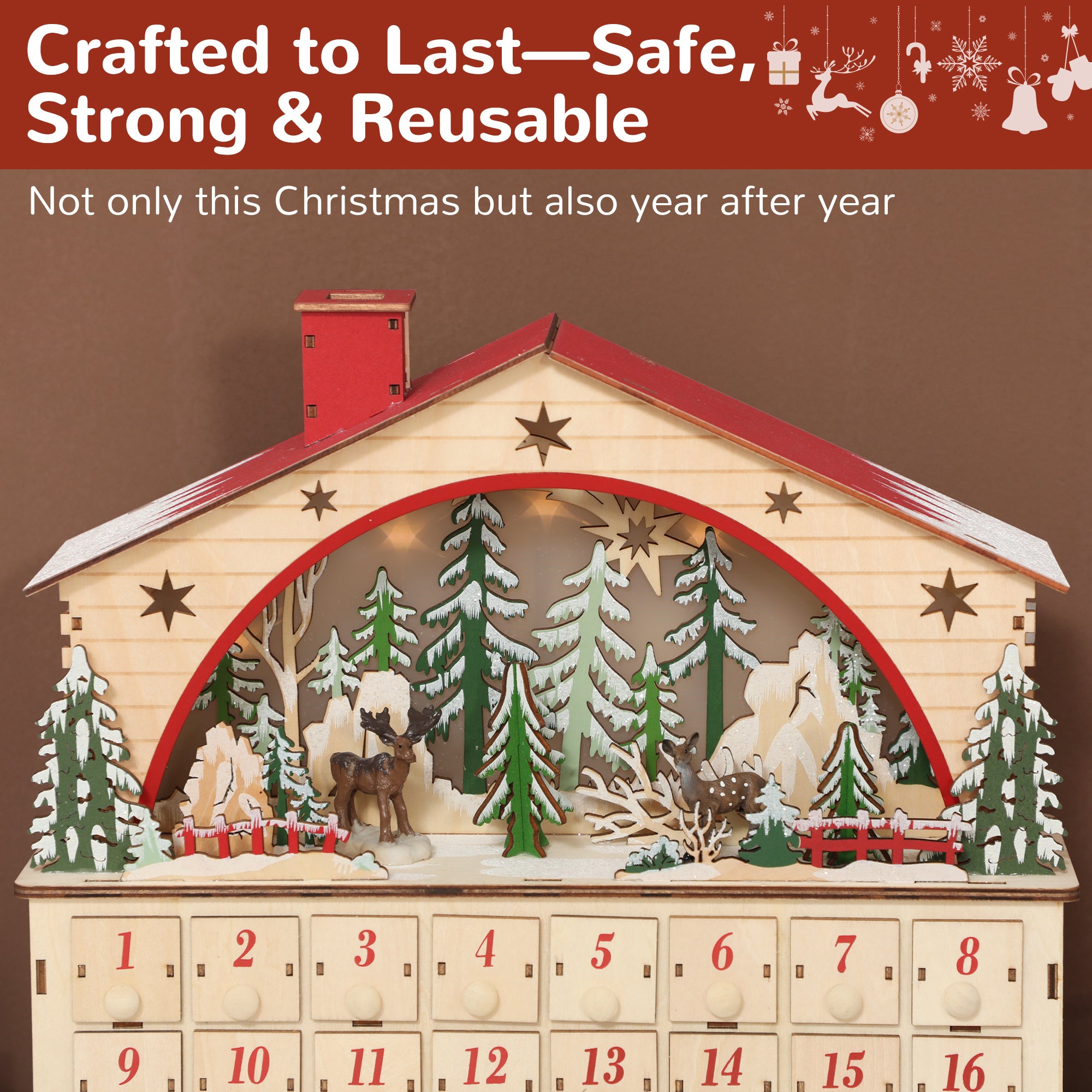 Christmas Advent Calendar with 24 Countdown Drawers and LED Lights, Wooden Advent Calendar House, Battery Operated