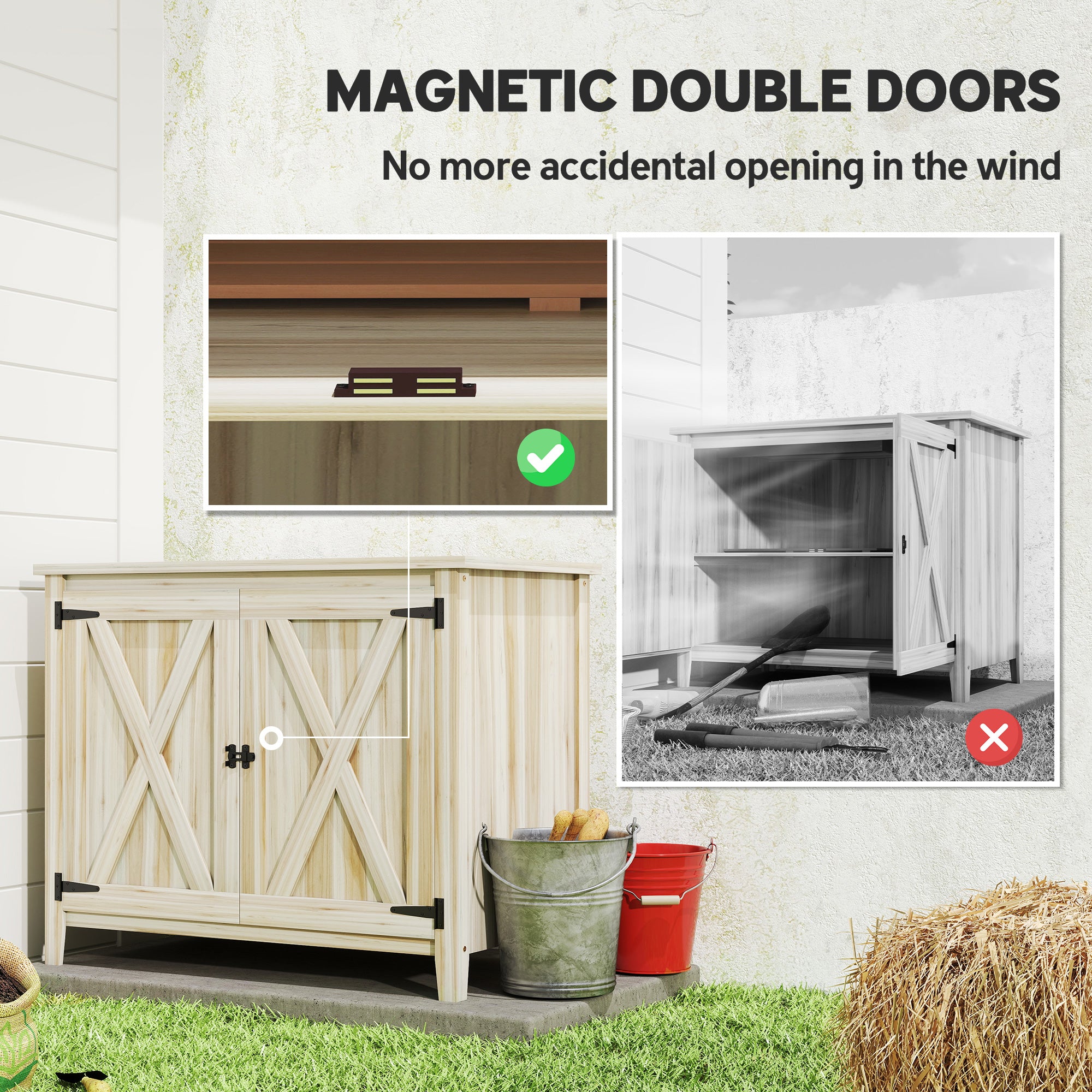 Wooden Outdoor Storage Cabinet, Garden Shed Potting Shed with Shelf and Double Doors, Natural Wood - Natural Wood - Image 6