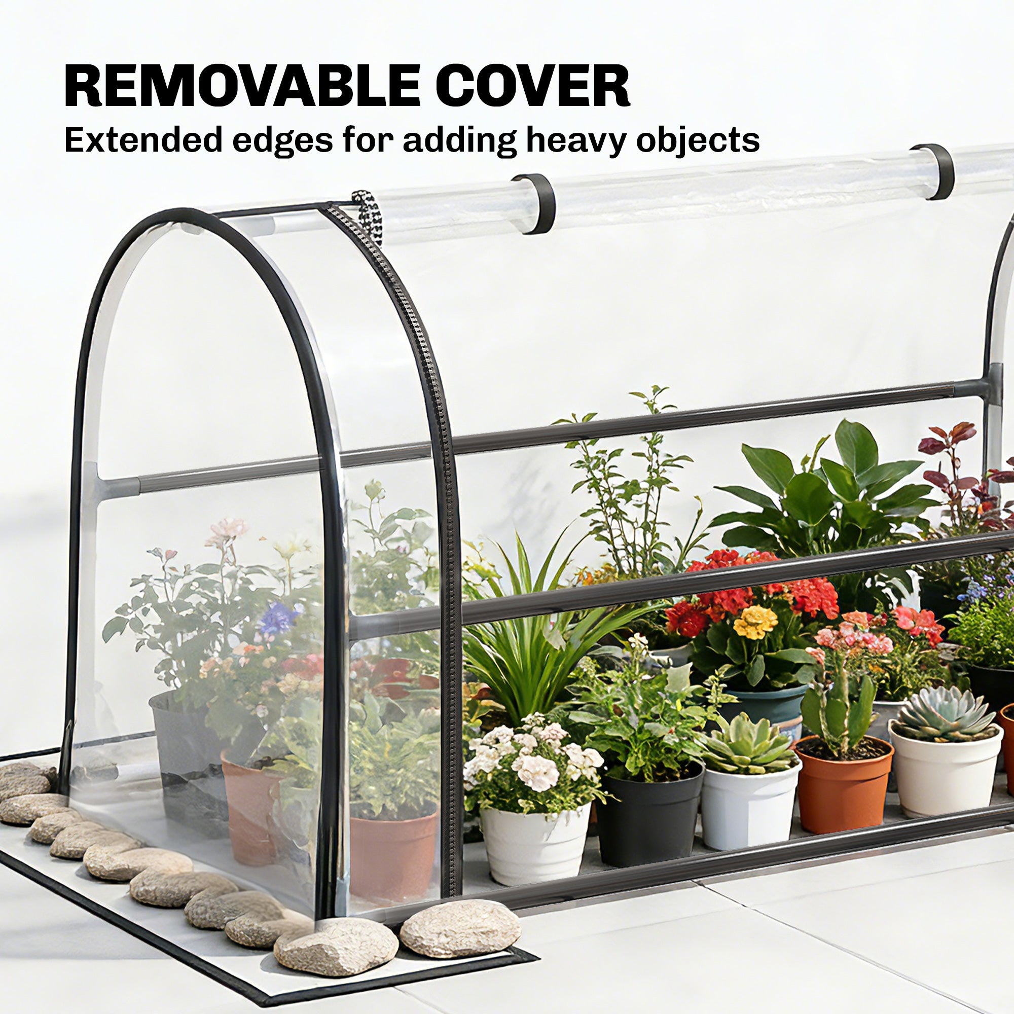 Raised Garden Bed with Flip-Up Greenhouse Cover, Metal Elevated Garden Bed with Legs and Drainage Hole, Black - Black - Image 5