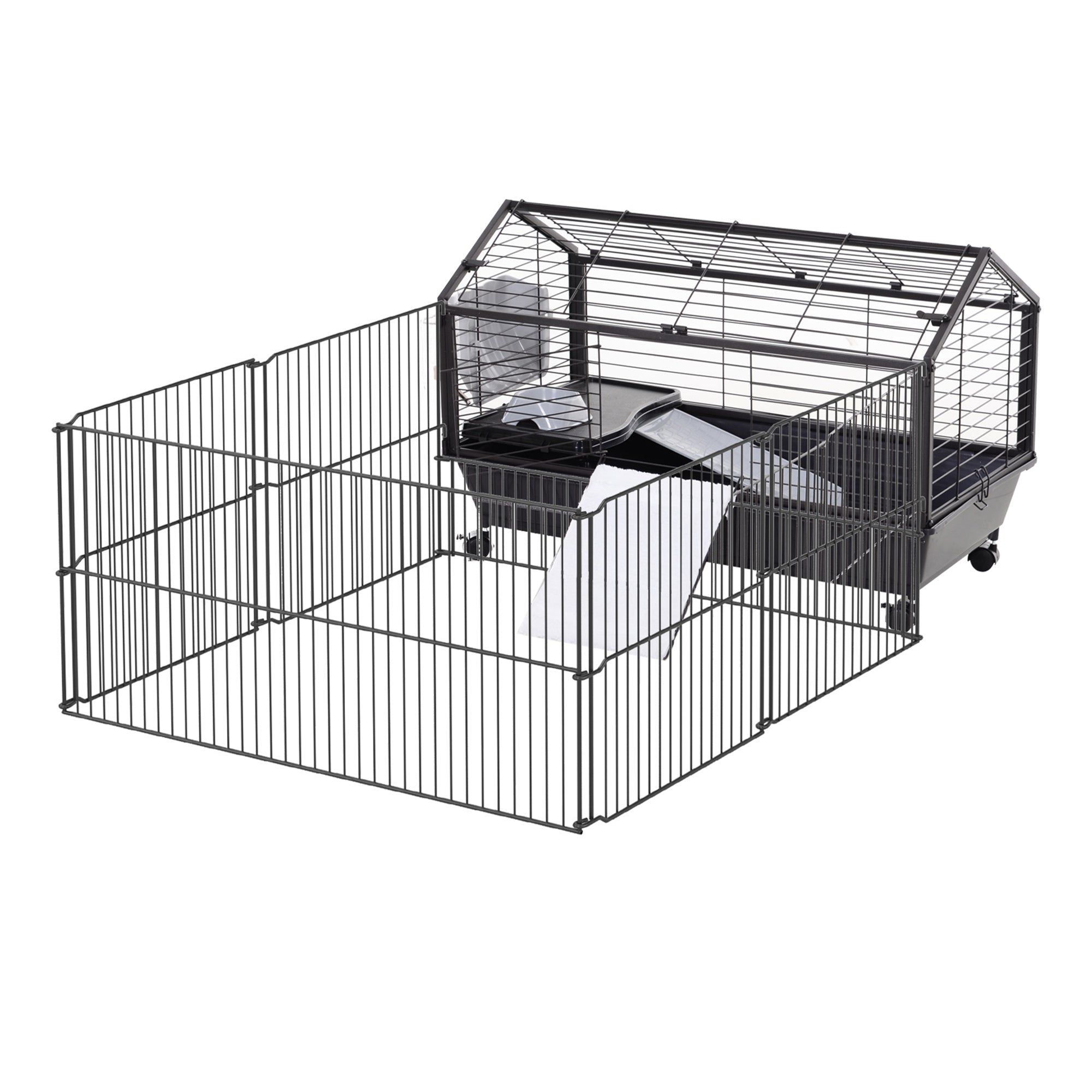 Rolling Metal Rabbit, Guinea Pig, or Small Animal Hutch Cage with Main House and Run - Black and Beige