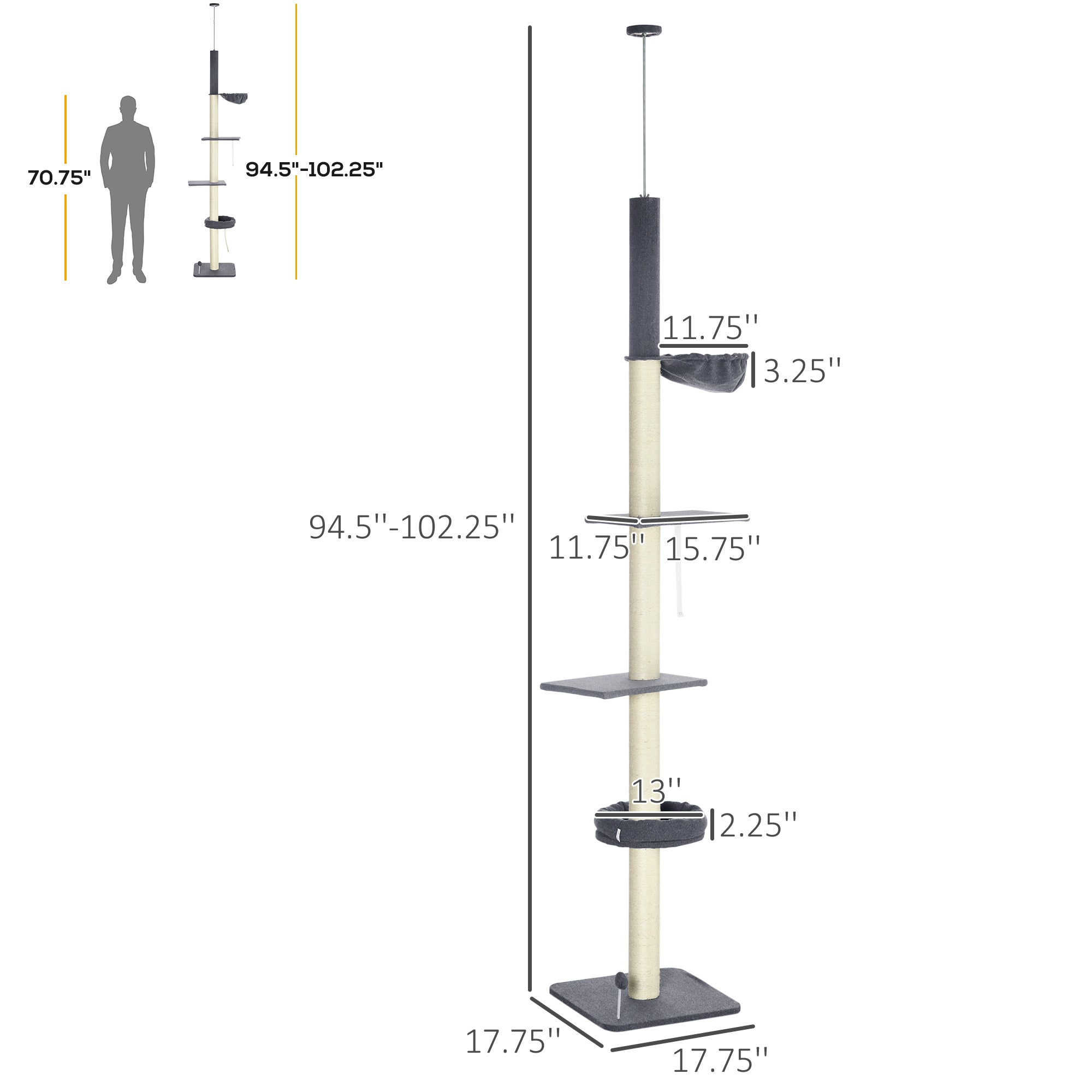 Floor To Ceiling Cat Tree, 5-Tier Cat Climbing Tower, 95''-106'' Height Adjustable with Carpeted Platforms, Cozy Bed, Hammock, Scratching Post & Toy Ball for Indoor Cats, Dark Gray and Cream - Black, Cream - Image 3