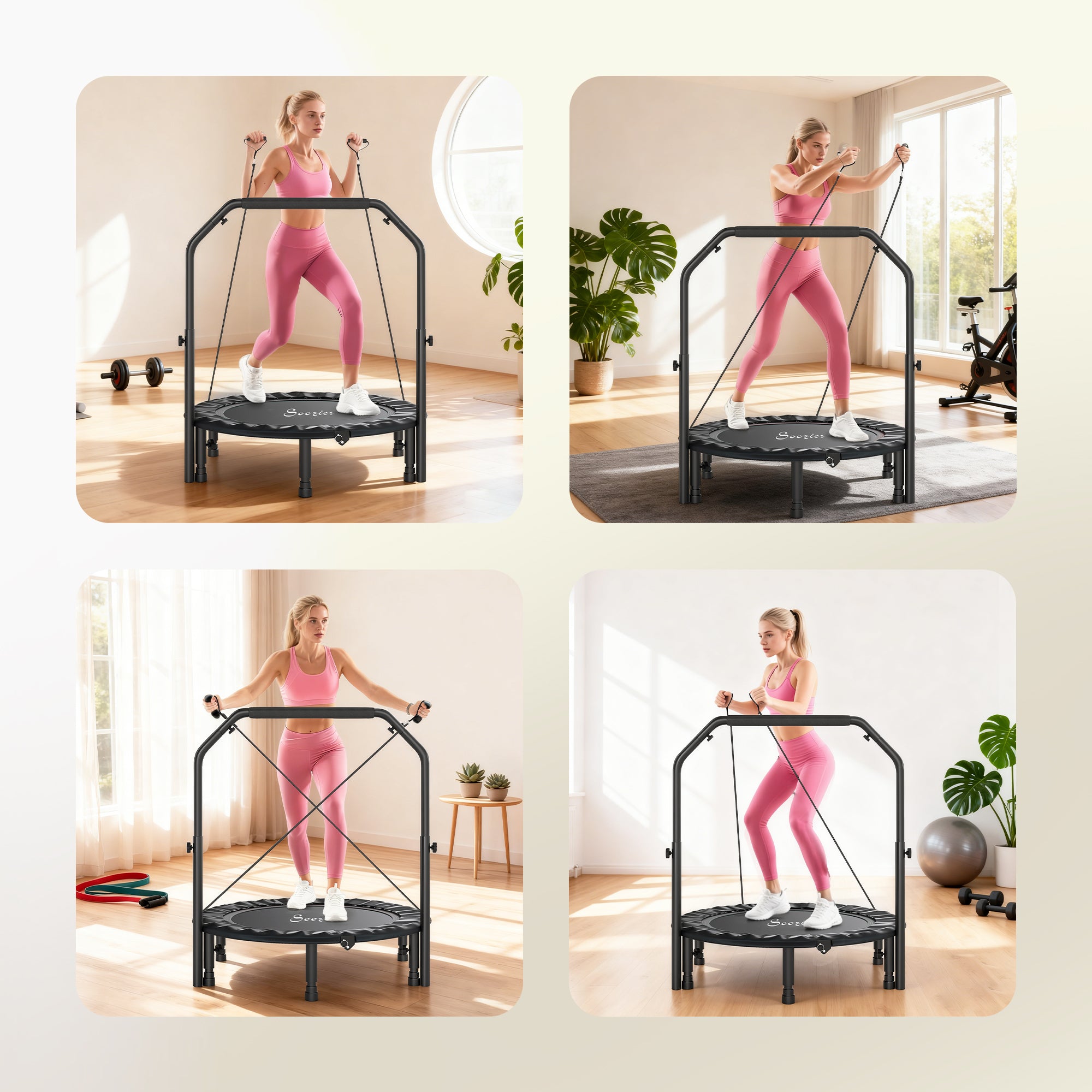 40" Foldable Mini Trampoline, Rebounder Trampoline for Adults with Adjustable Foam Handle, Black