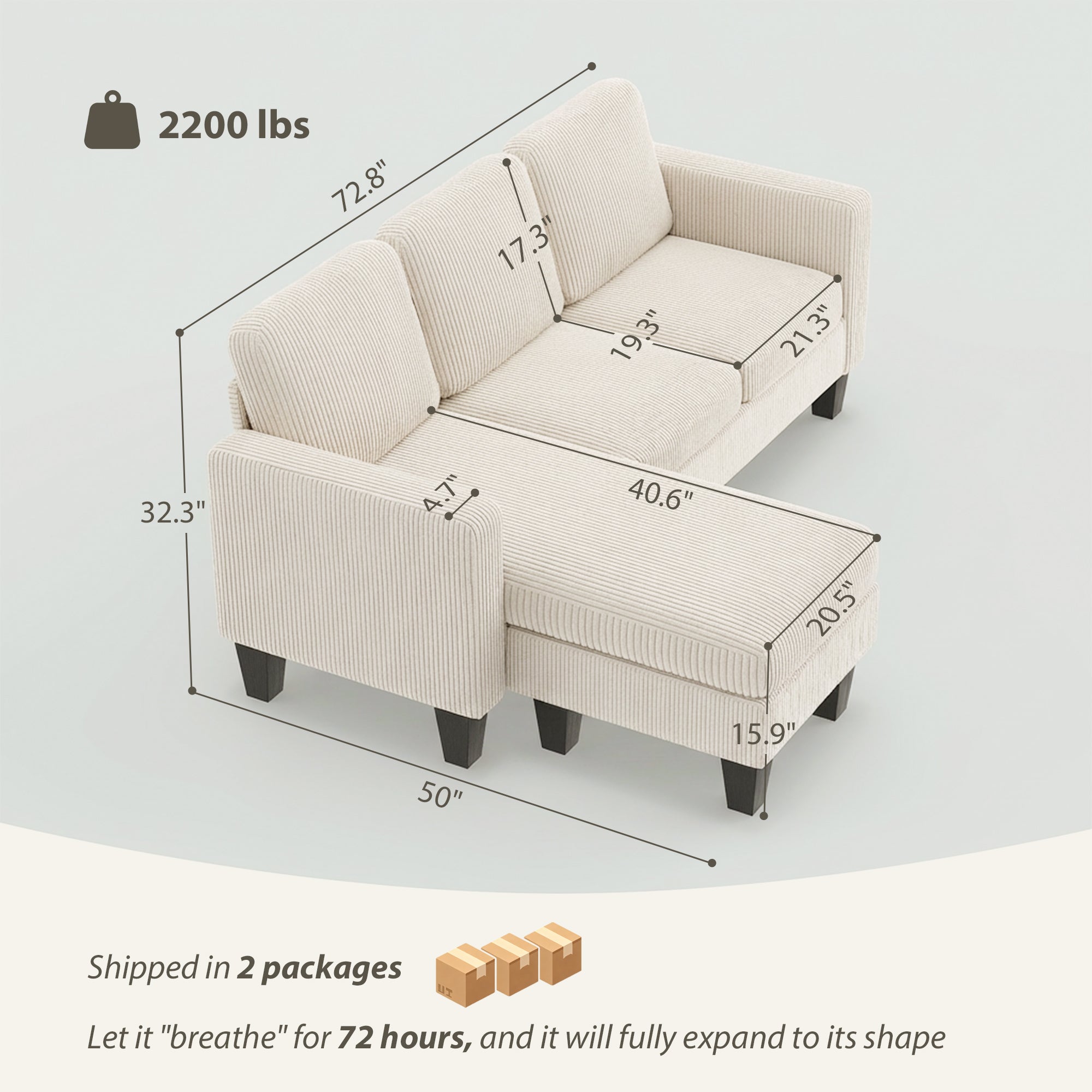 Sectional Sofa, L Shaped Couch, with Reversible Chaise or Ottoman, Cream White