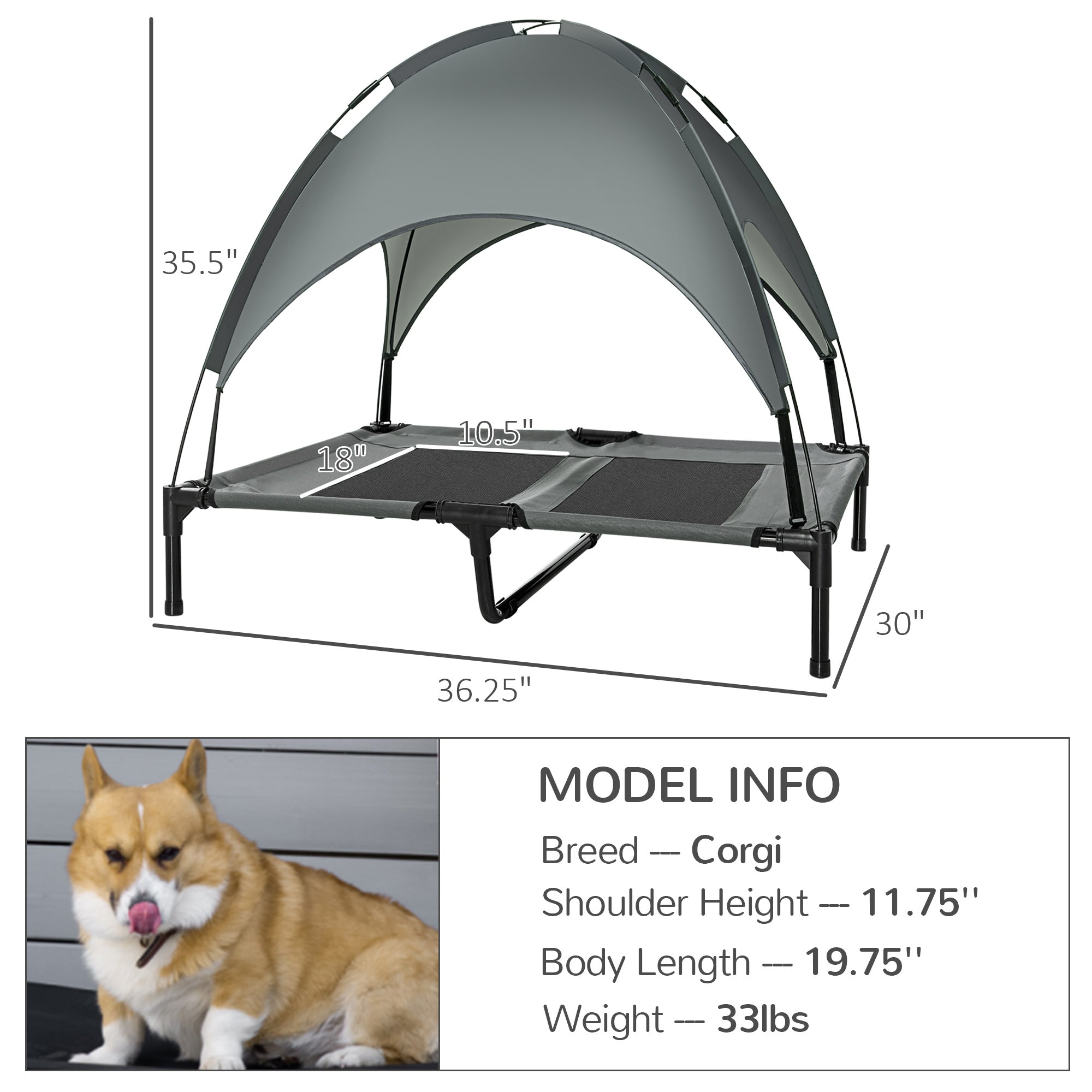 Elevated Dog Bed with Removable Canopy, Outdoor Dog Cot with UV Protection Canopy Shade, 36 inch Large Pet Bed for Camping, Gray - Grey - Image 3