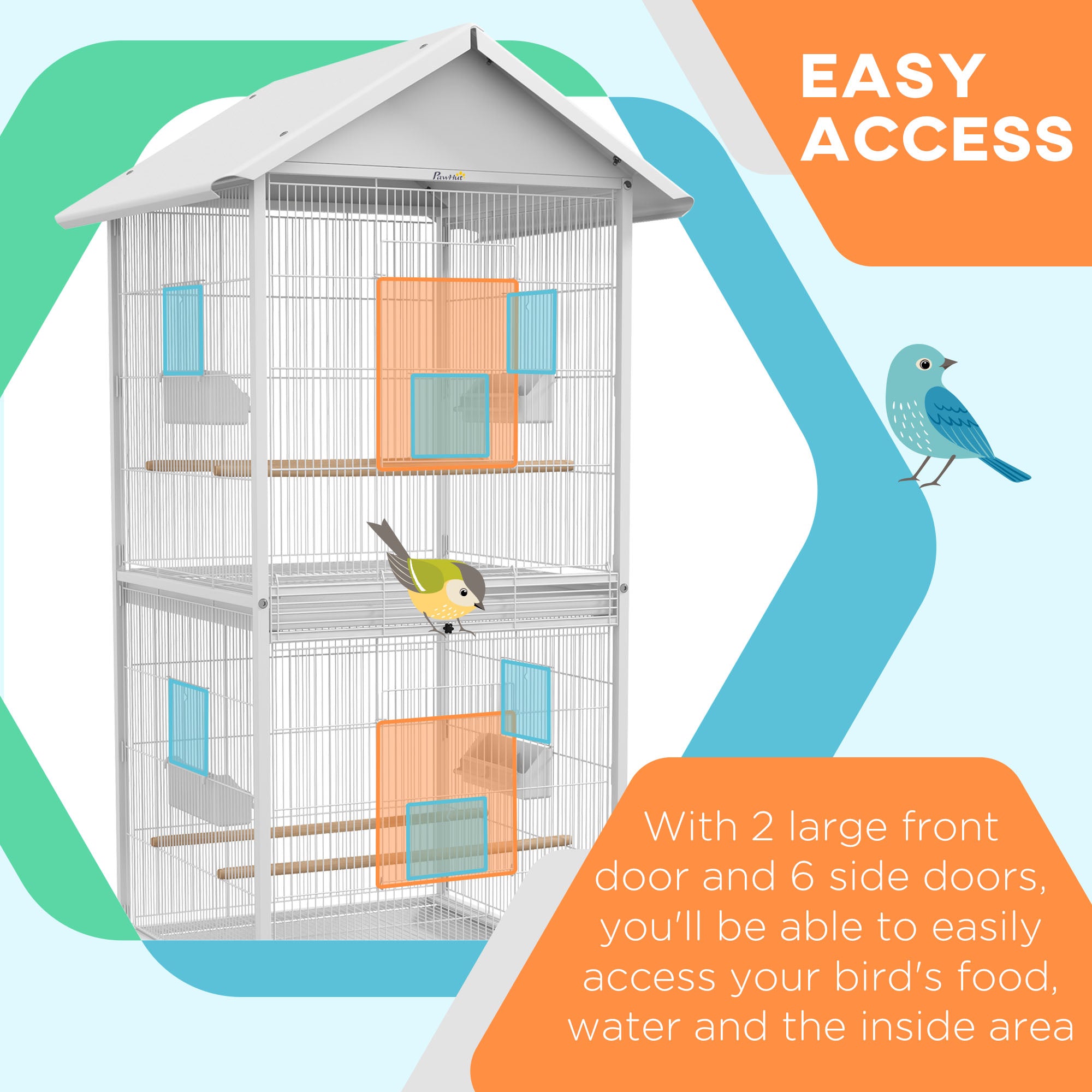 Wrought Metal Bird Cage Feeder with Rolling Stand Perches Food Containers Doors Wheels 67" H, White - White - Image 5