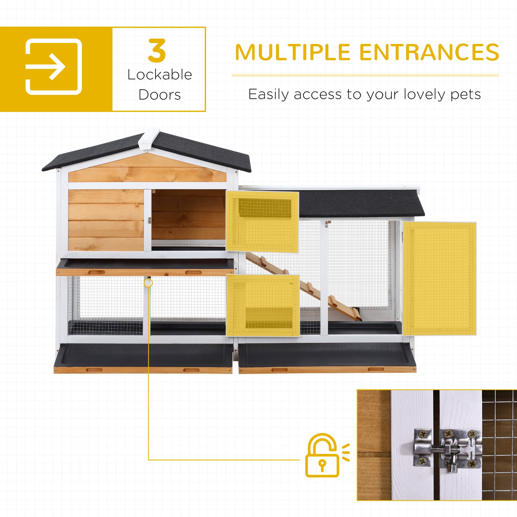 62" Rabbit Hutch, Wooden Bunny Hutch, Guinea Pig Cage, Small Animal Enclosure with Run Area, Removable Tray, Asphalt Roof, Lockable Doors and Ramp, for Rabbits, Chickens, Ducks, Nature Wood - Natural Wood - Image 4
