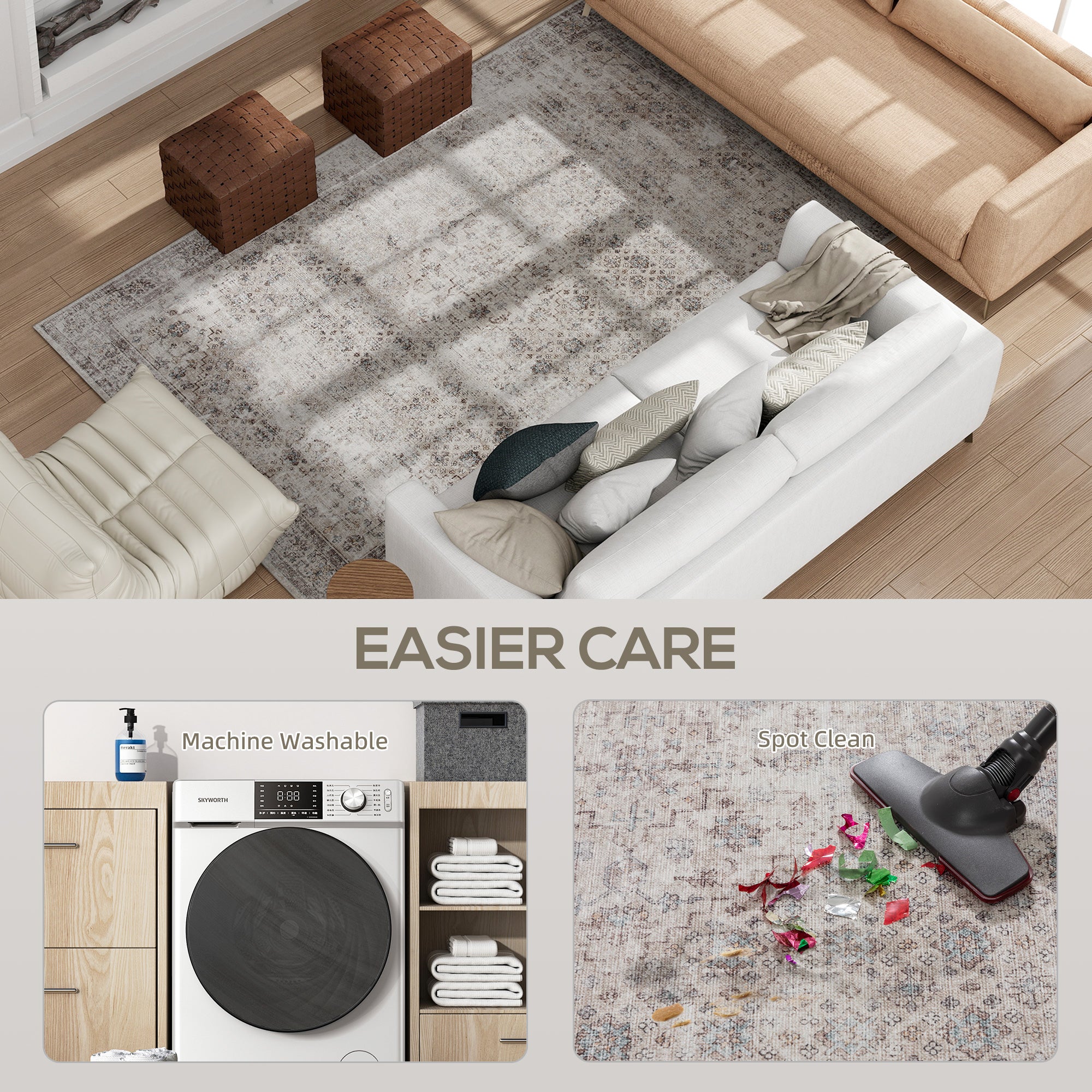 Machine Washable Area Rug 4x6, Non-Slip Traditional Floor Carpet for Living Room, Bedroom, Light Mixed-Brown