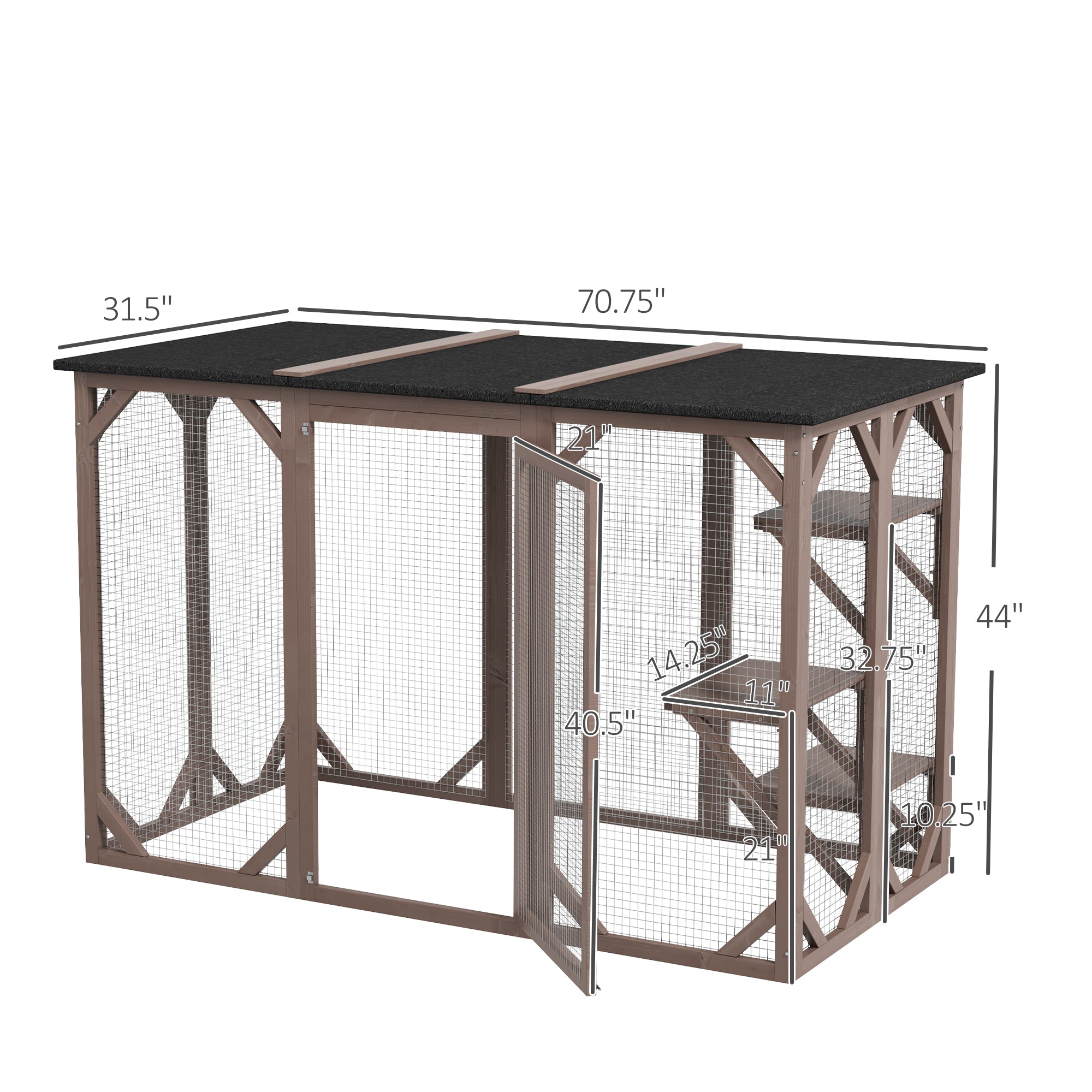 Outdoor Cat House, Catio Wooden Feral Cat Shelter, Cat Cage with Platforms, Large Enter Door, Weather Protection Asphalt Roof, 71" L, Brown - Brown - Image 3