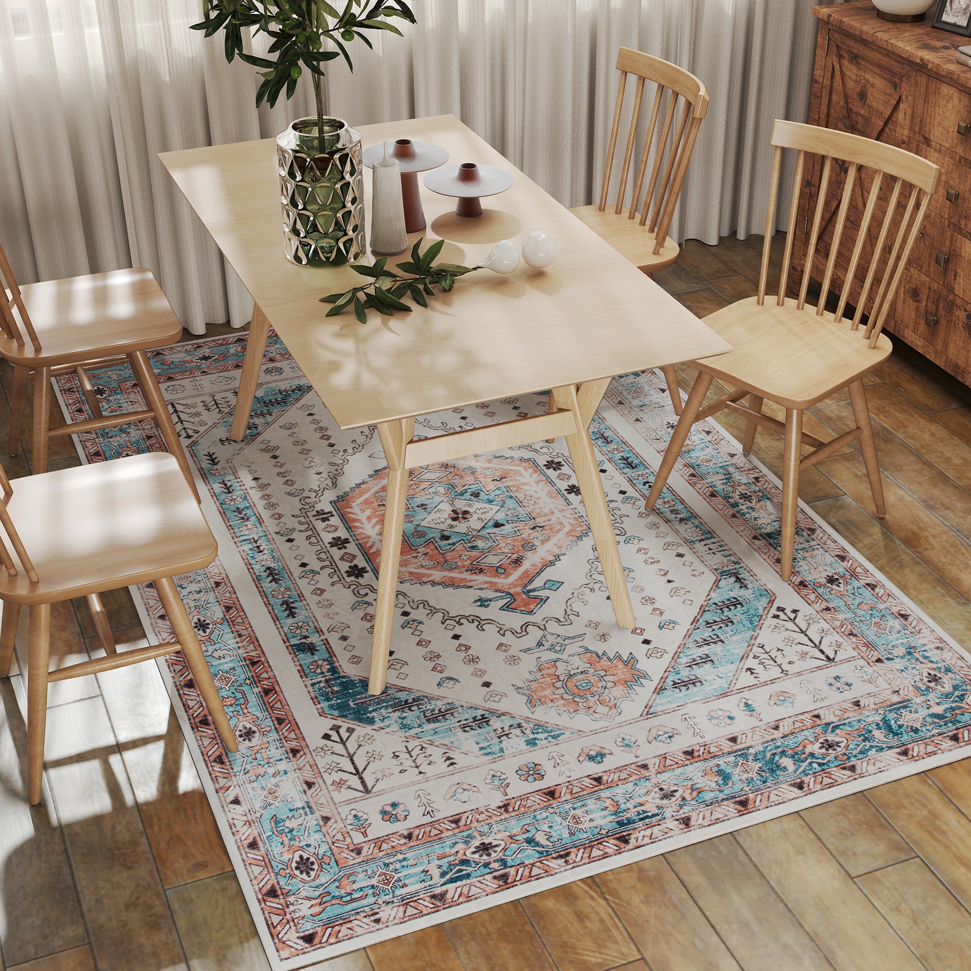 5x7 Area Rug, Vintage Machine Washable Rug, Non-Slip Floor Carpet for Living Room, Bedroom, Dining Room, Brown and Blue