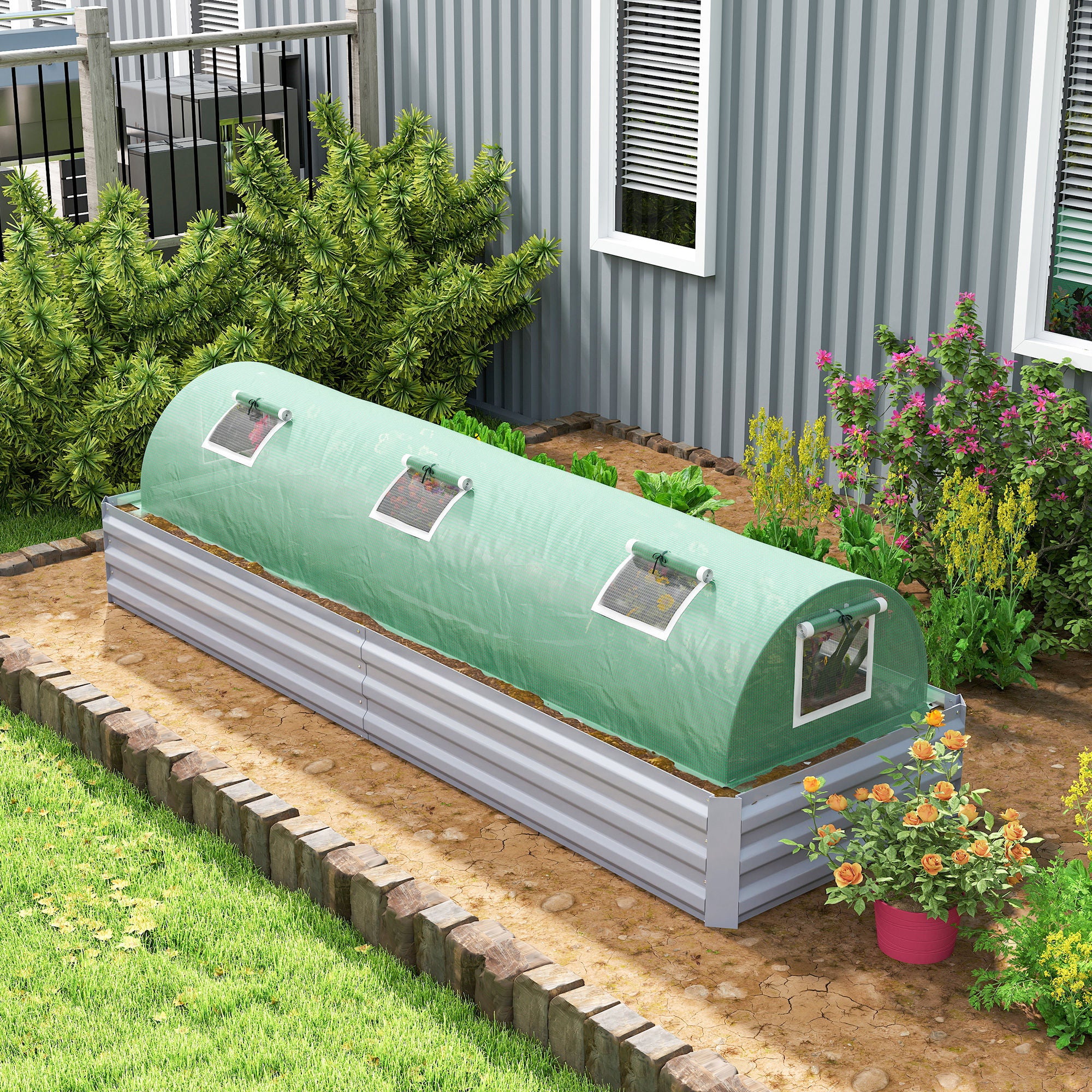 Mini Greenhouse with 5 Mesh Windows, Portable Plant Hot House with PE Cover and Steel Frame, 10' x 3' x 2' , Green - Green - Image 2