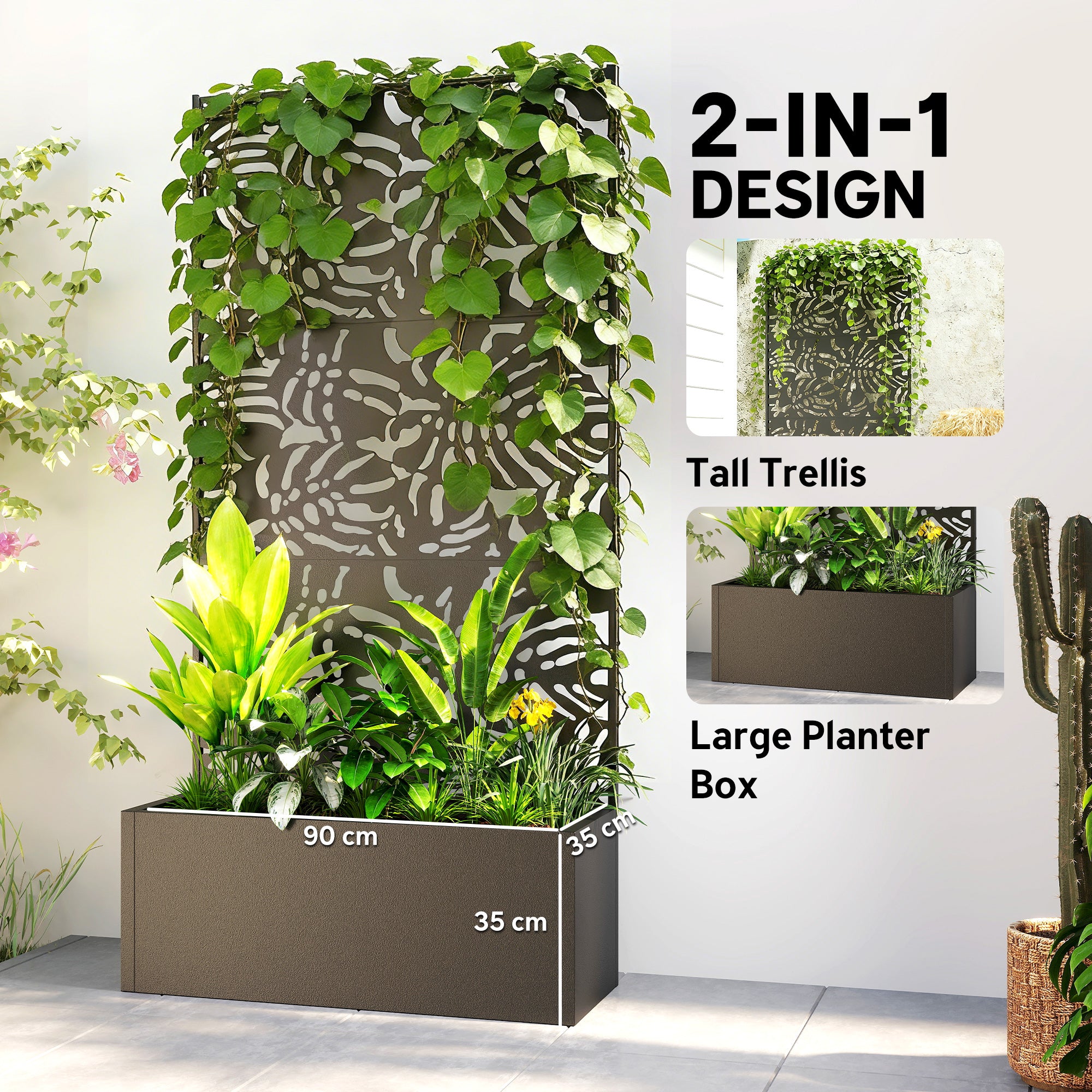 Metal Planter Box with Trellis, 71" Tall Raised Garden Bed with Privacy Screen and Drainage Holes, Banana-Leaf Cut-Outs - Black - Image 4