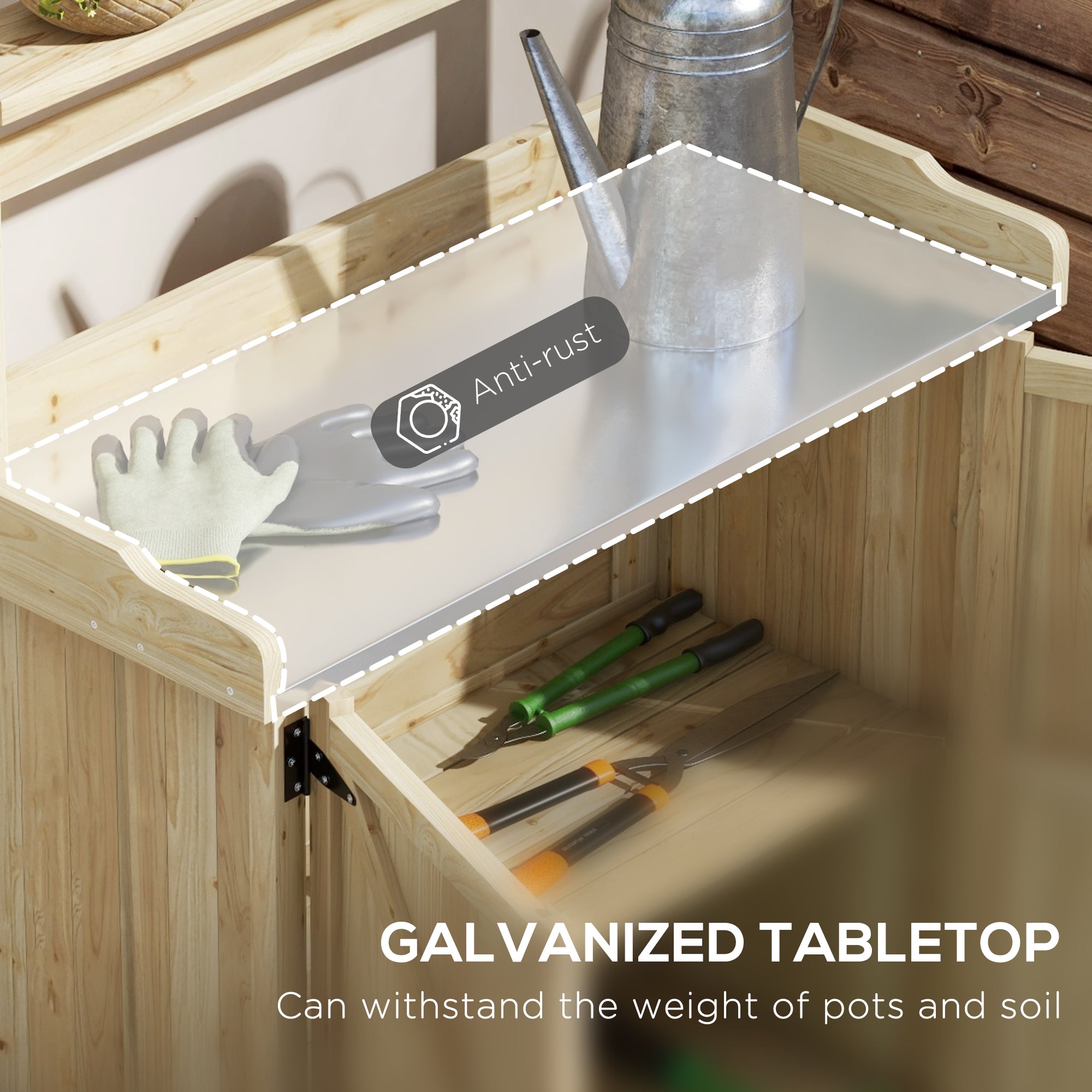 Outdoor Wooden Potting Bench with Storage Cabinet, Shelves, Galvanized Plated Tabletop for Backyard, Balcony, Natural - Natural Wood - Image 4