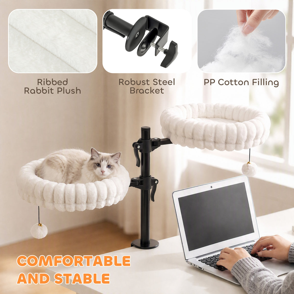 Cat Desk Bed for Indoor, Cat Hammock with 2 Removable Beds, 2 Hanging Balls for Desk, Windows, Holds Up to 24 lbs, White