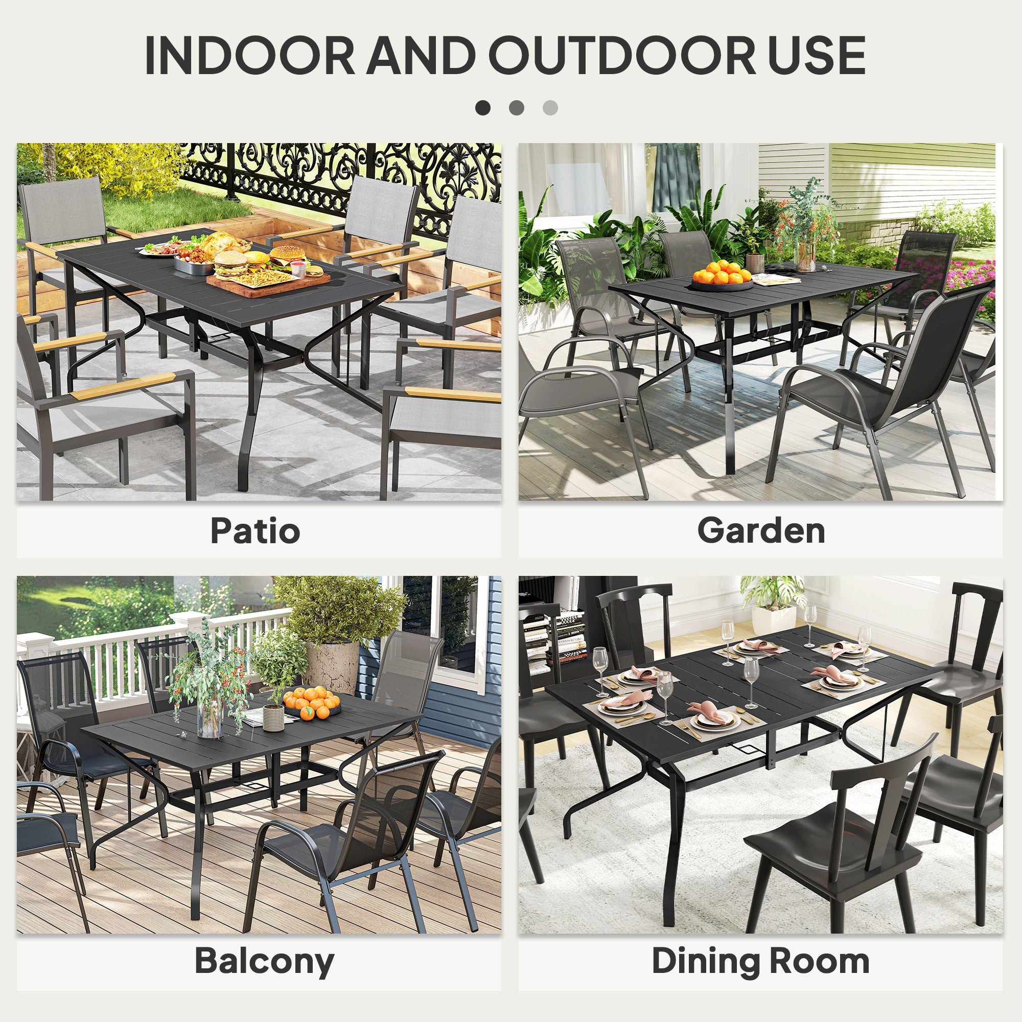 Rectangular Patio Table with Umbrella Hole, Steel Rectangle Outdoor Dining Table for 6 People for Garden, Black