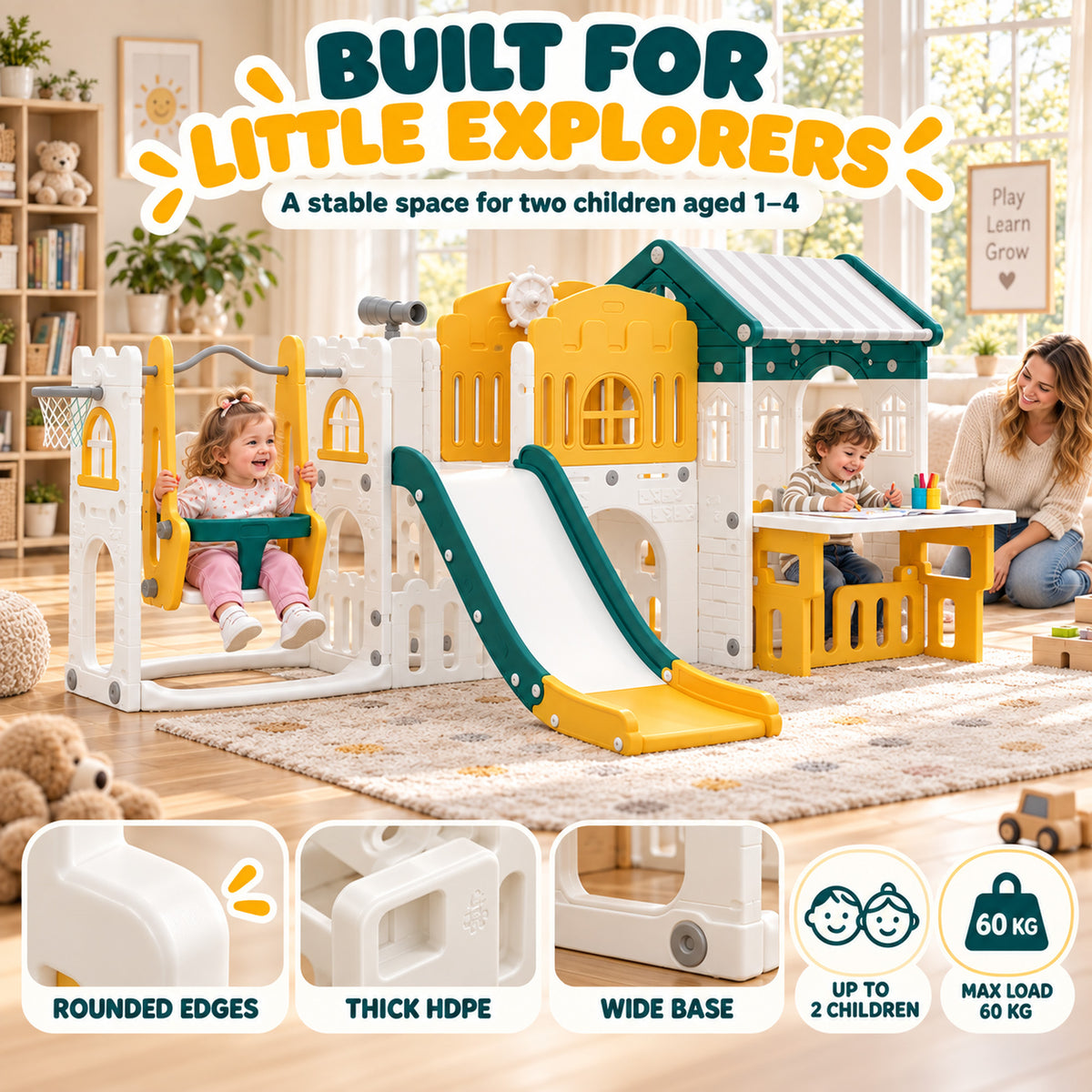 11 in 1 Toddler Slide and Swing Set w/ Playhouse, Kids Slide Playset Indoor Playground for 1-4 Years, Yellow