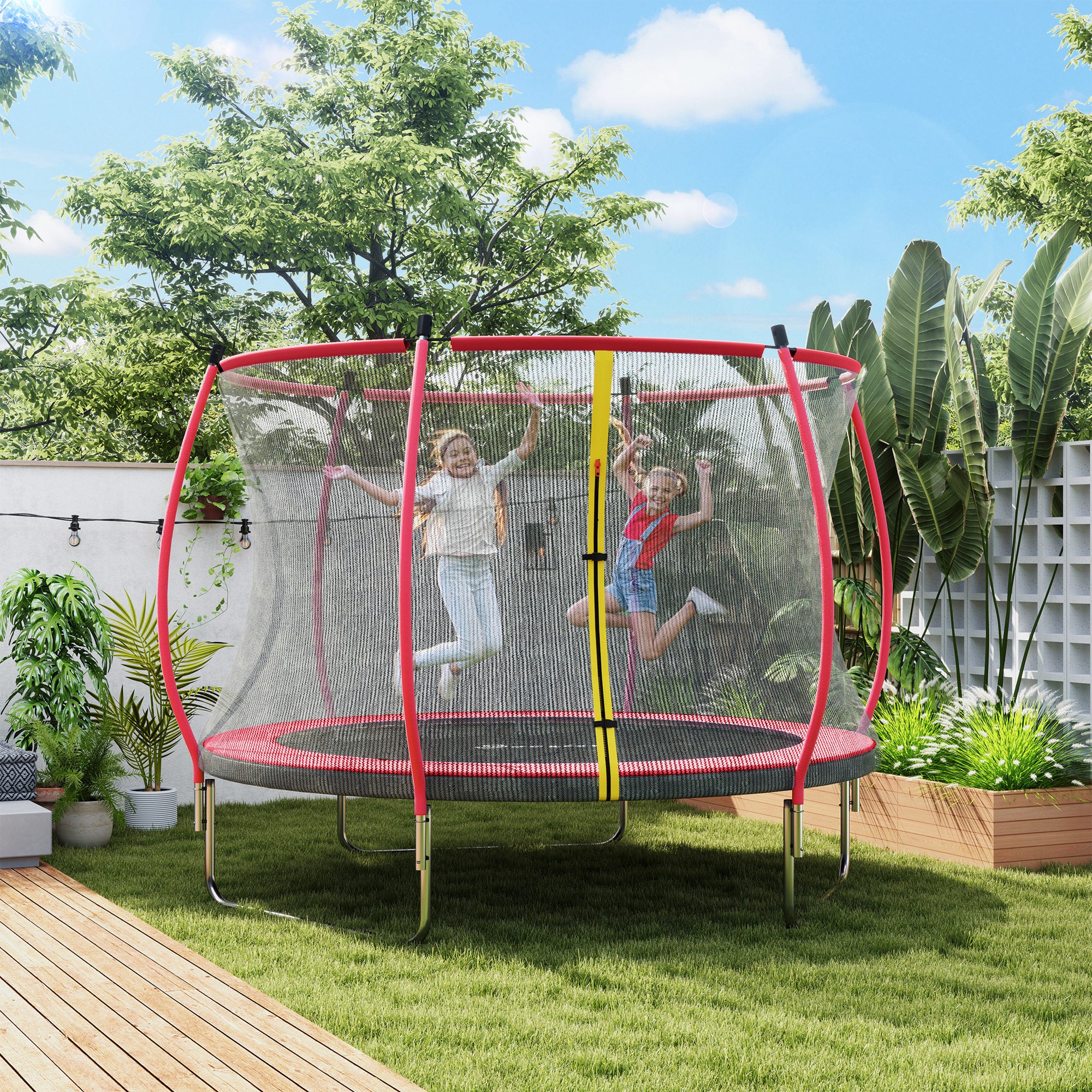 10ft Outdoor Trampoline with Net Enclosure, Curved Poles and Safety Pad, ASTM Approved, Red