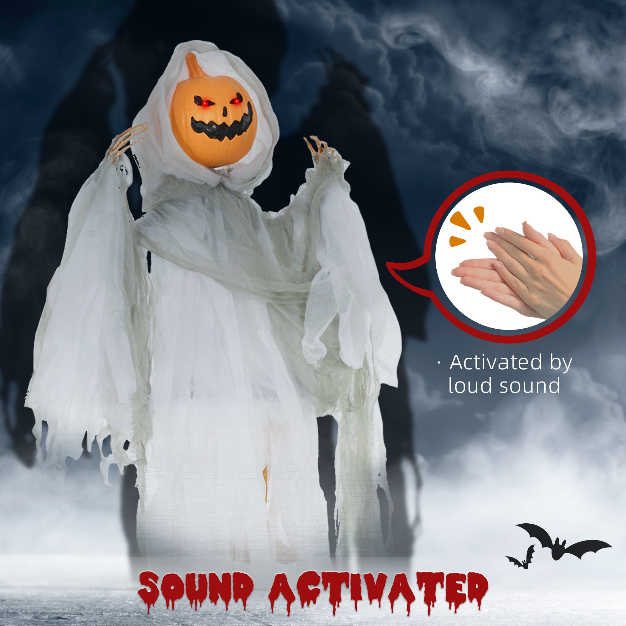 3.9' Outdoor Halloween Hanging Pumpkin Ghost w/ Light Up Eyes, Sound Activated Prop w/ Creepy Howling Sounds