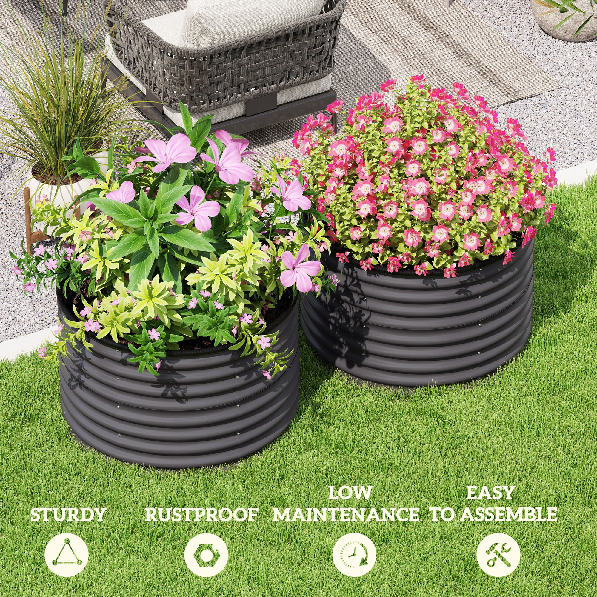 Set of 2 Raised Garden Bed, Metal Planter Box with Safety Edging, Easy-to-assemble Stock Tank, Dark Gray - Dark Gray - Image 7