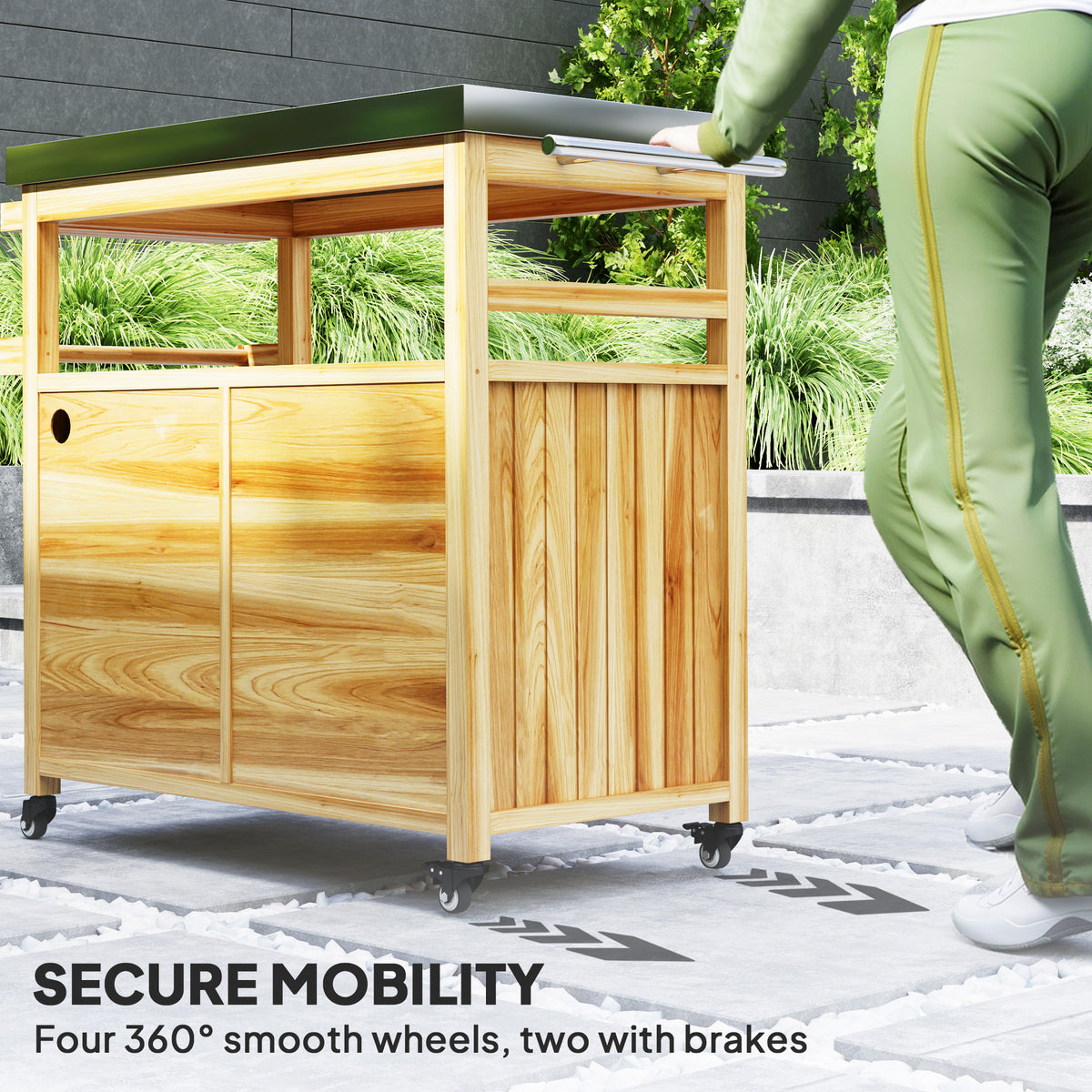 Outdoor Grill Cart w/ Stainless Steel Top, Solid Wood Outdoor Kitchen Island w/ Wheels, Storage Cabinets, Natural Wood