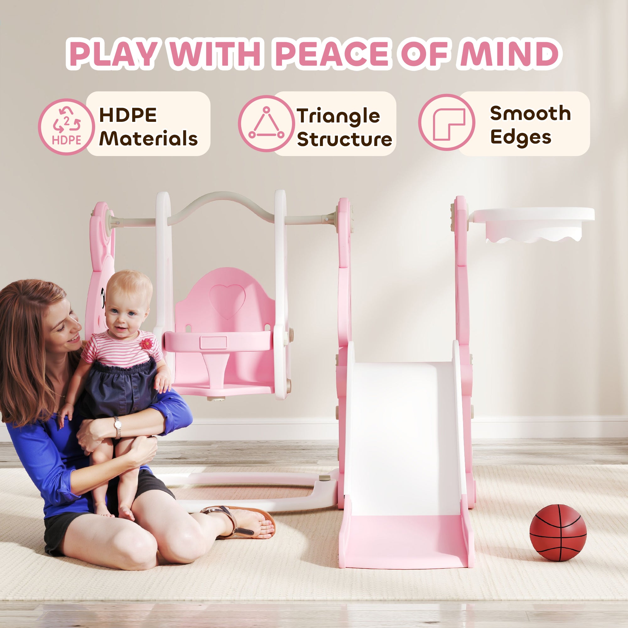 4 in 1 Toddler Slide and Swing Set with Climber, Basketball Hoop, Rabbit Themed Kids Playset for Ages 1.5-4, Pink