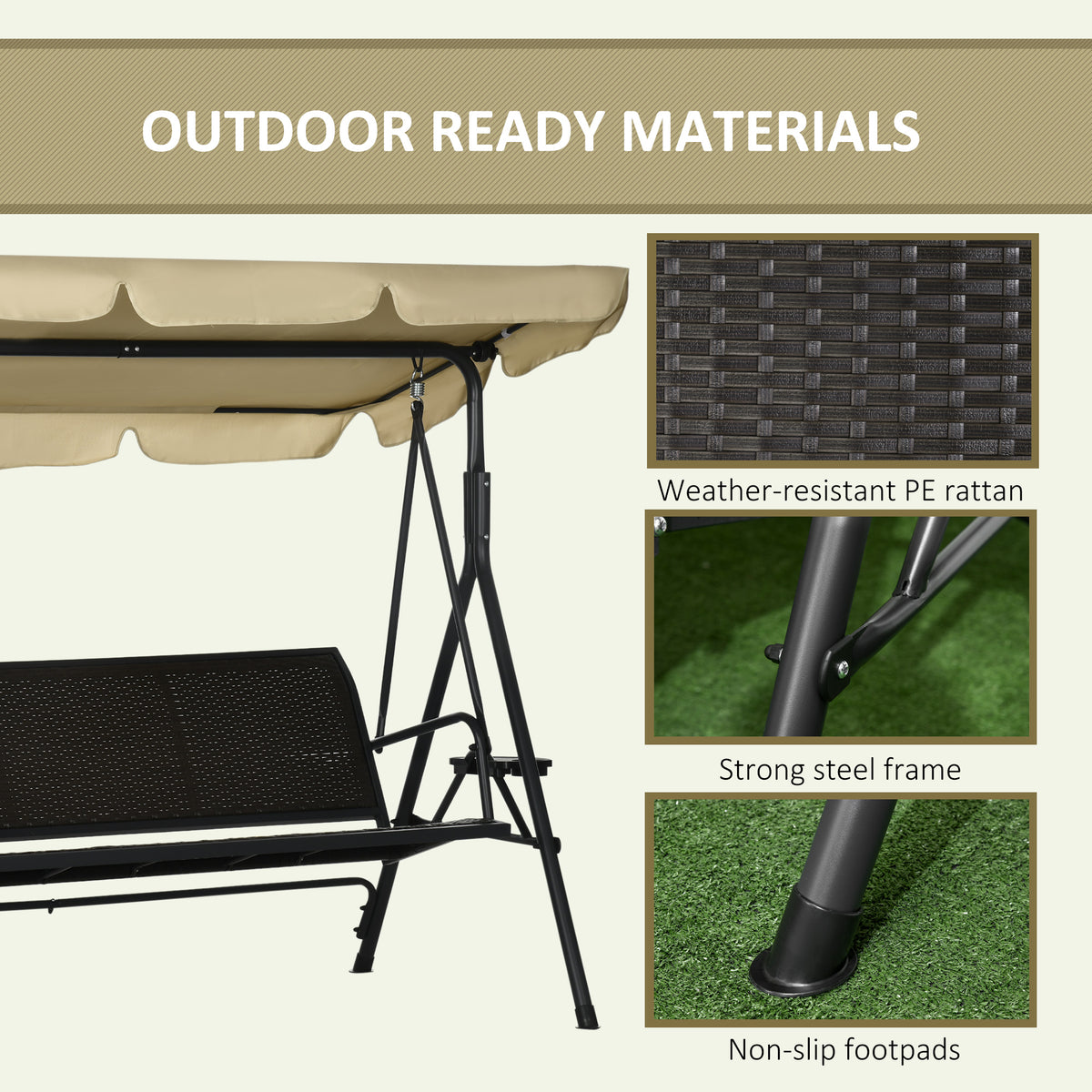 3-Seat Patio Swing Chair, Outdoor Canopy Swing Glider with Removable Cushion, Pillows, Adjustable Shade, and Rattan Seat, for Porch, Garden, Poolside, Backyard