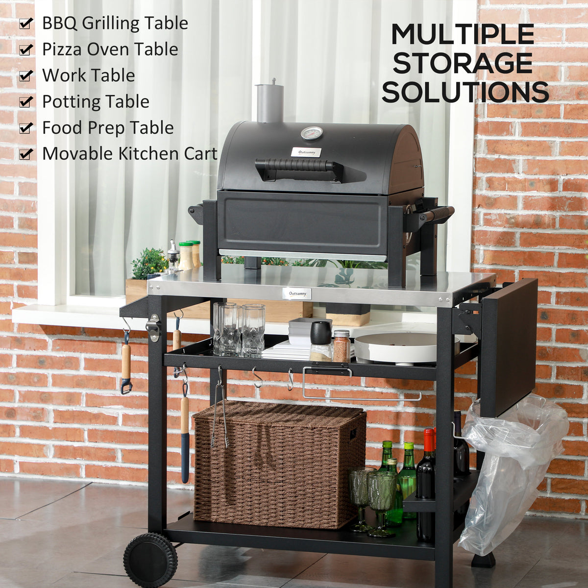 3-Shelf Outdoor Grill Cart Table with Foldable Side Table, Stainless Steel Pizza Oven Stand on Wheels, Black