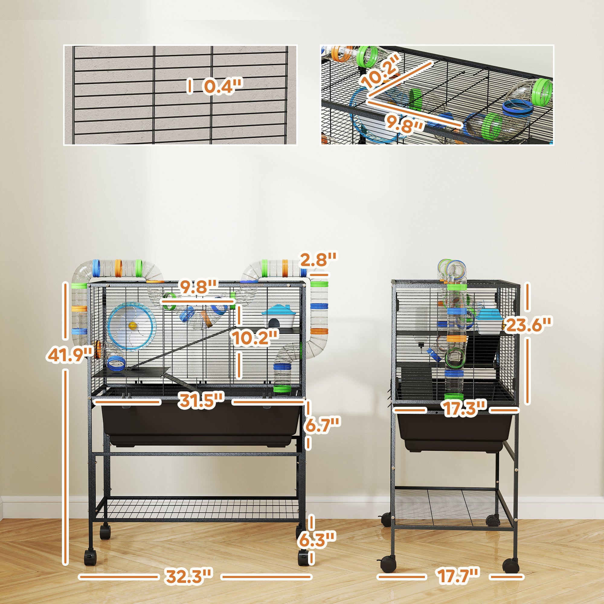 3 Tier Hamster Cage, Rolling Rat Cage with Deep Tray, Storage Shelf, Big Exercise Wheel, Hut, Tube System - Black - Image 3