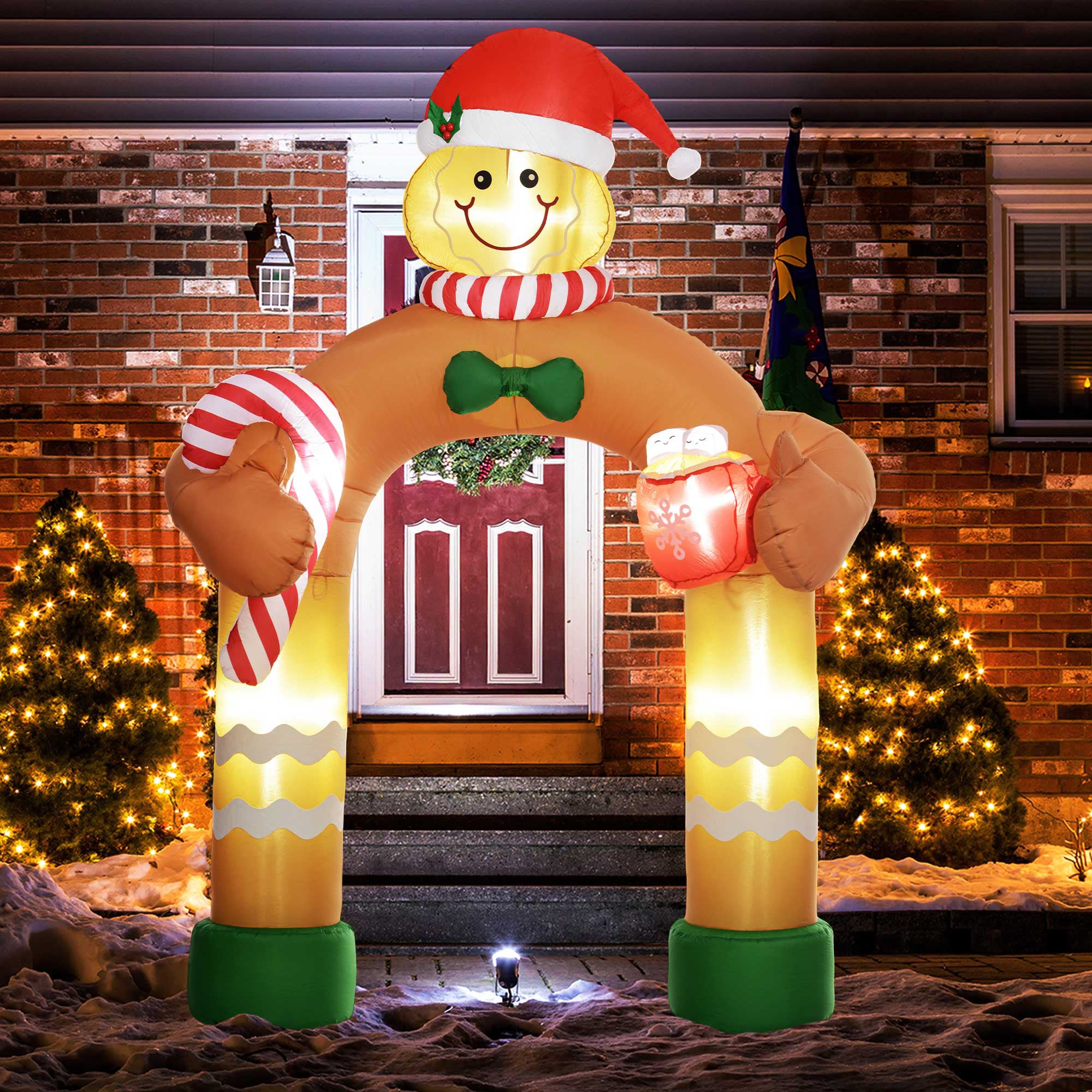 9.2' Inflatable Gingerbread Man Arch w/ White LED Lights, Blow-Up Outdoor Display for Party