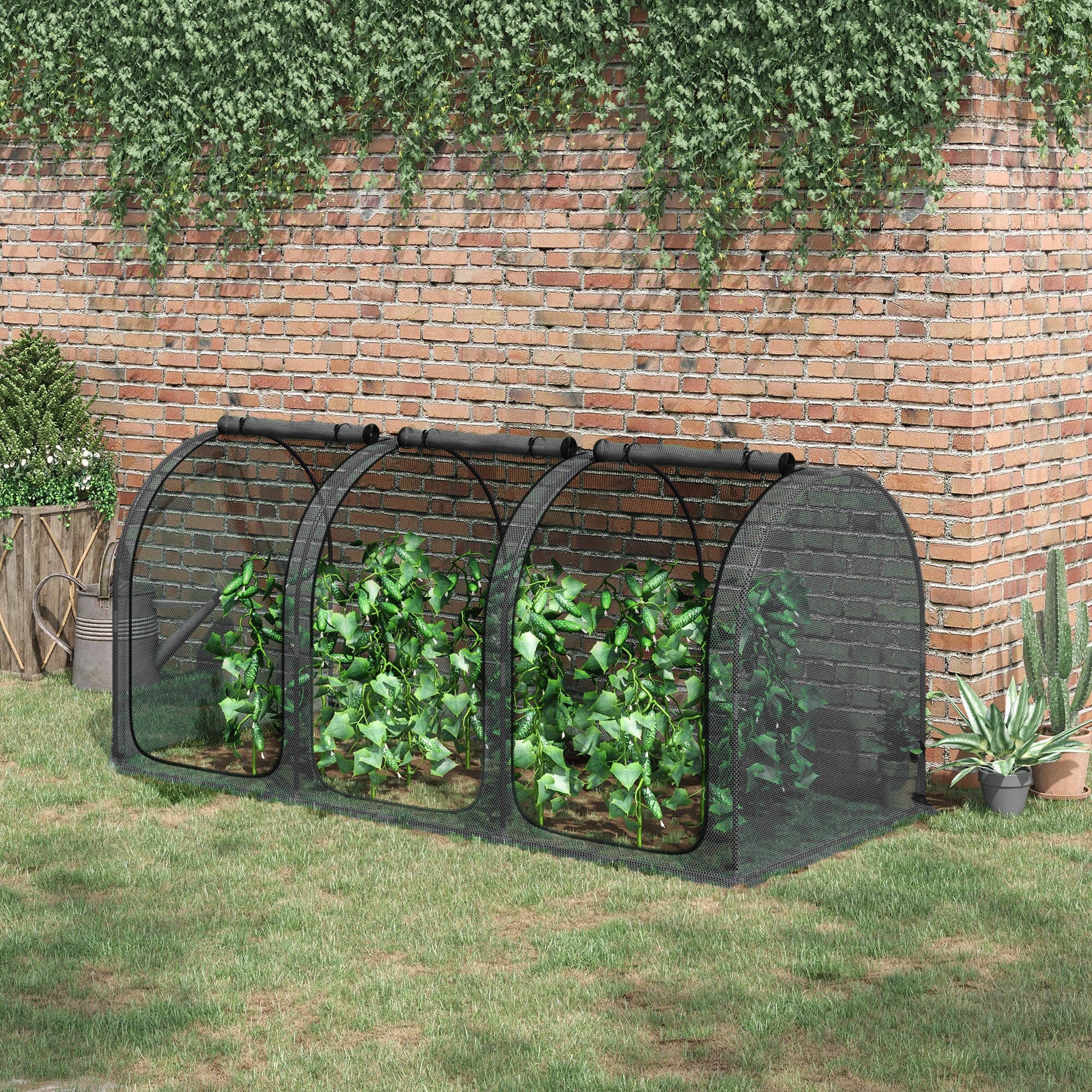 9' x 4' Crop Cage, Plant Protection Tent with Three Zippered Doors, Storage Bag and 4 Ground Stakes, for Garden, Yard, Lawn, Black - Black - Image 2