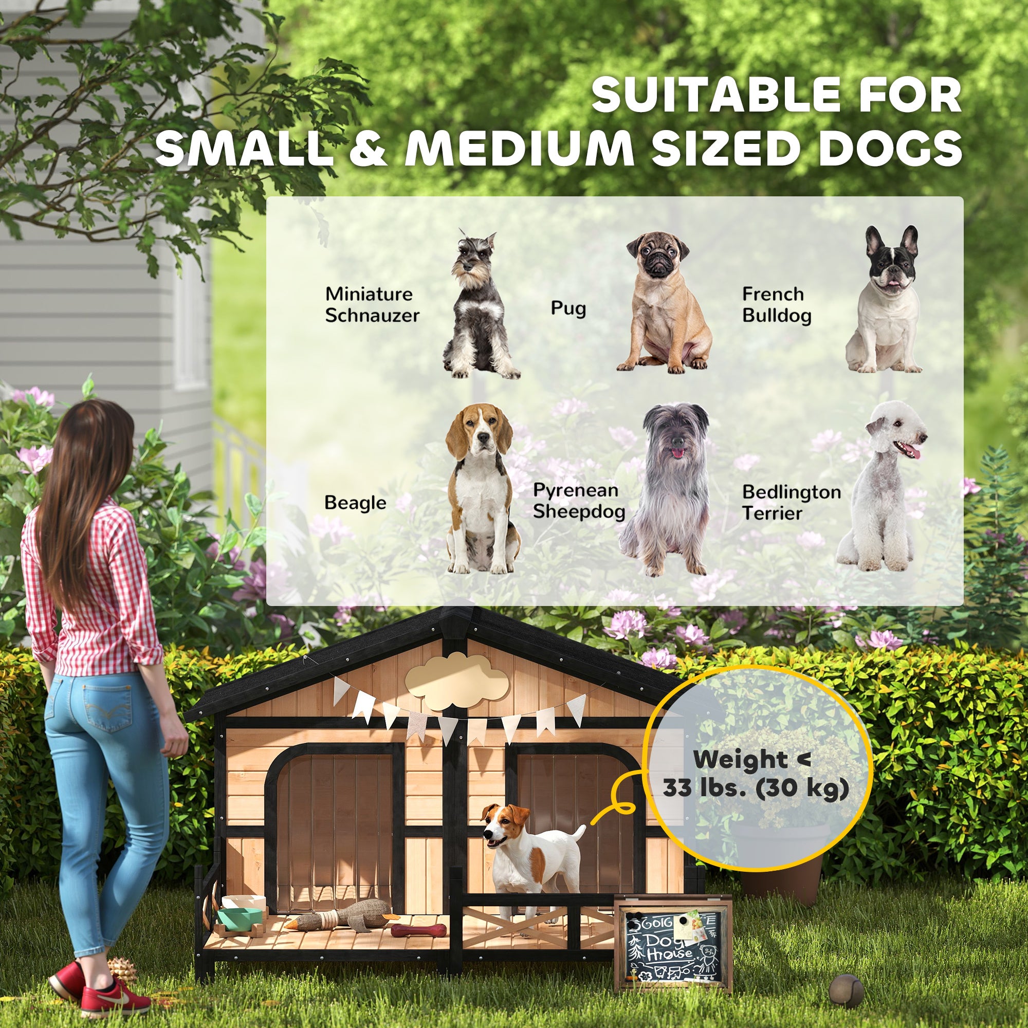 Dog House Outdoor, Wooden Dog Kennel Weatherproof with Porch, Openable Roof, Removable Bottom, Elevated Floor, Double Room for 2 Small to Medium Breeds, Natural - Natural Wood - Image 8