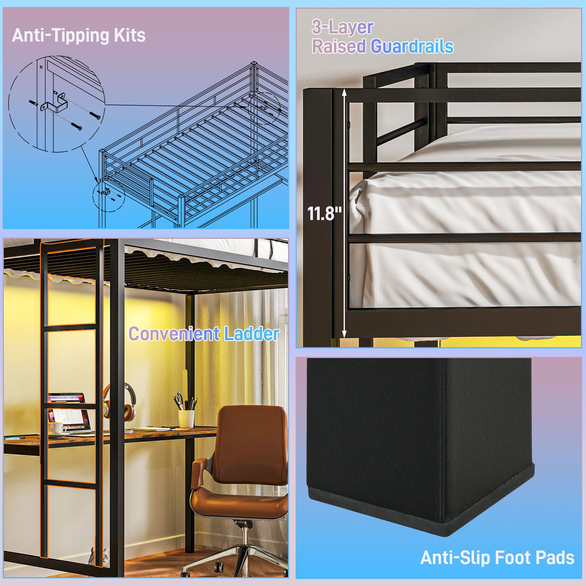 Twin Size Loft Bed with Desk, LED Lights, Charging Station, Twin Metal Loft Bed Frame with Ladder, Black